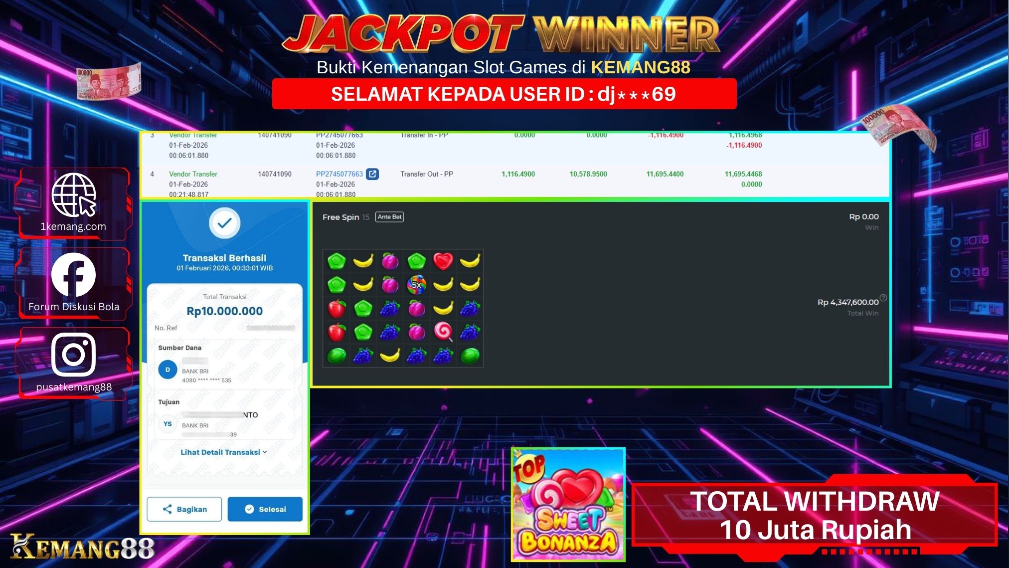 KEMANG88 [01 February 2026] : JACKPOT SLOT : SWEET BONANZA [PP] Rp. 10.000.000.,- LUNAS
