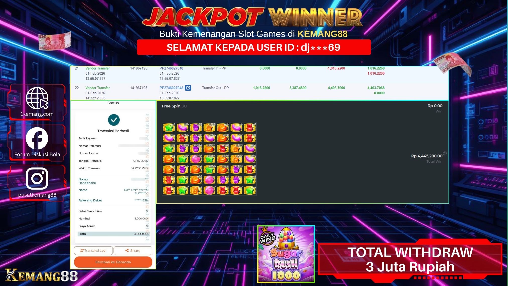 KEMANG88 [01 February 2026] : JACKPOT SLOT : SUGAR RUSH 1000 [PP] Rp. 3.000.000.,- LUNAS