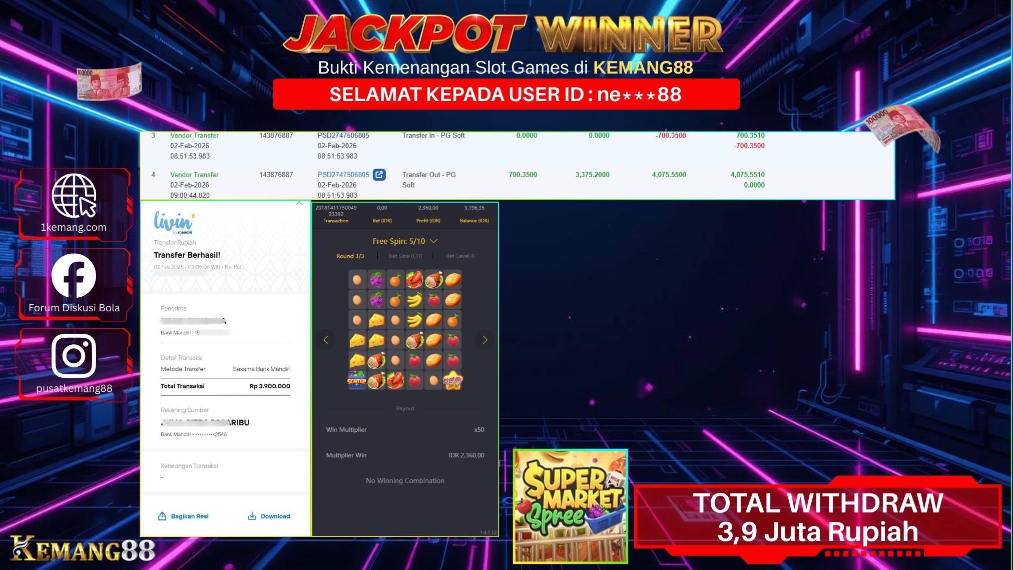 KEMANG88 [02 February 2026] : JACKPOT SLOT : SUPER MARKET SPREE [PG] Rp. 3.900.000.,- LUNAS