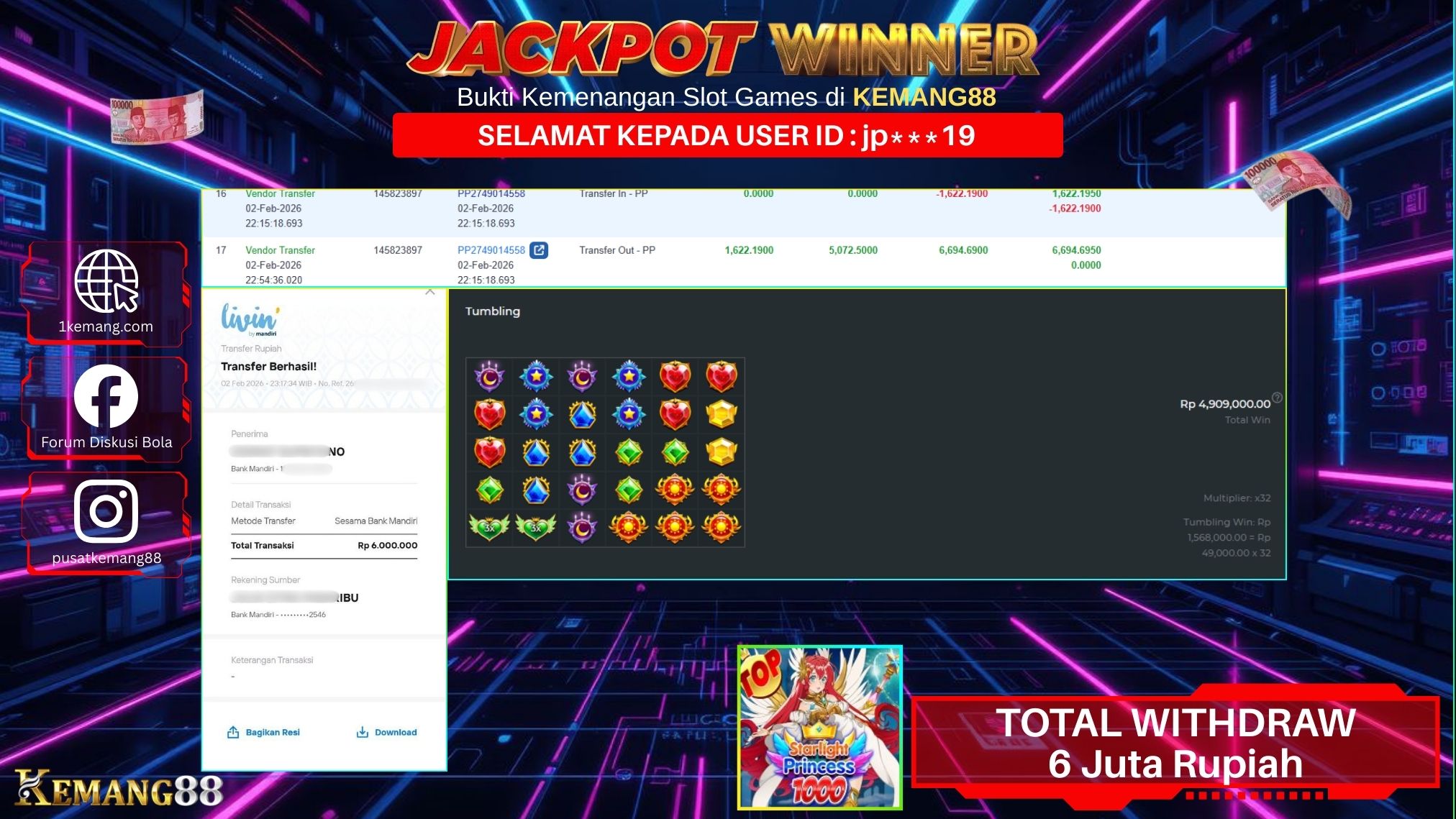 KEMANG88 [02 February 2026] : JACKPOT SLOT : STARLIGHT PRINCESS 1000 [PP] Rp. 6.000.000.,- LUNAS