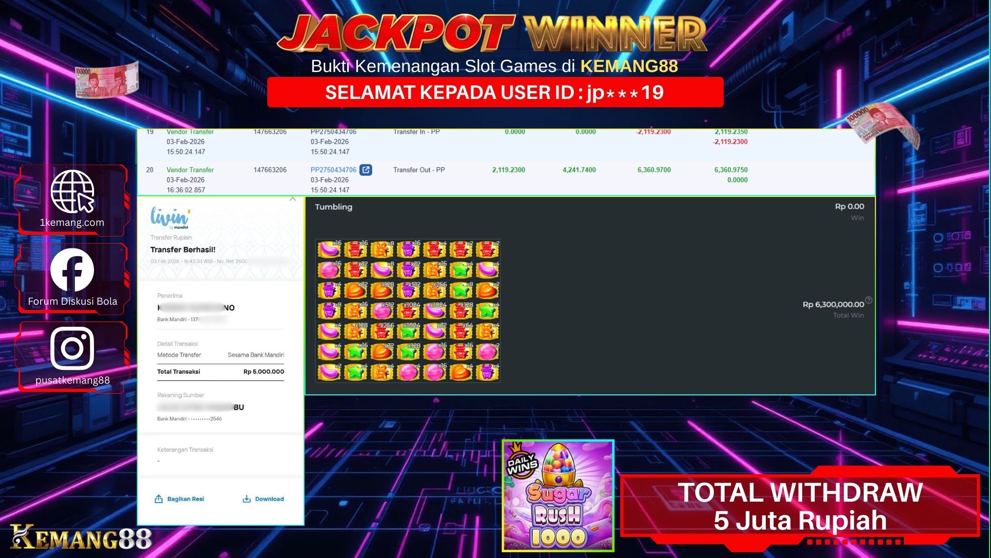 KEMANG88 [03 February 2026] : JACKPOT SLOT : SUGAR RUSH 1000 [PP] Rp. 5.000.000.,- LUNAS