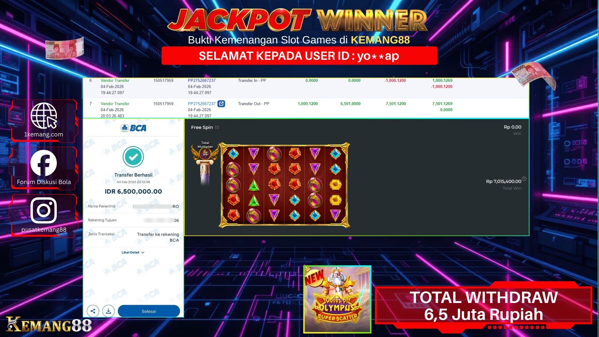 KEMANG88 [04 February 2026] : JACKPOT SLOT : GATES OF OLYMPUS SUPER SCATTER [PP] Rp. 6.500.000.,- LUNAS