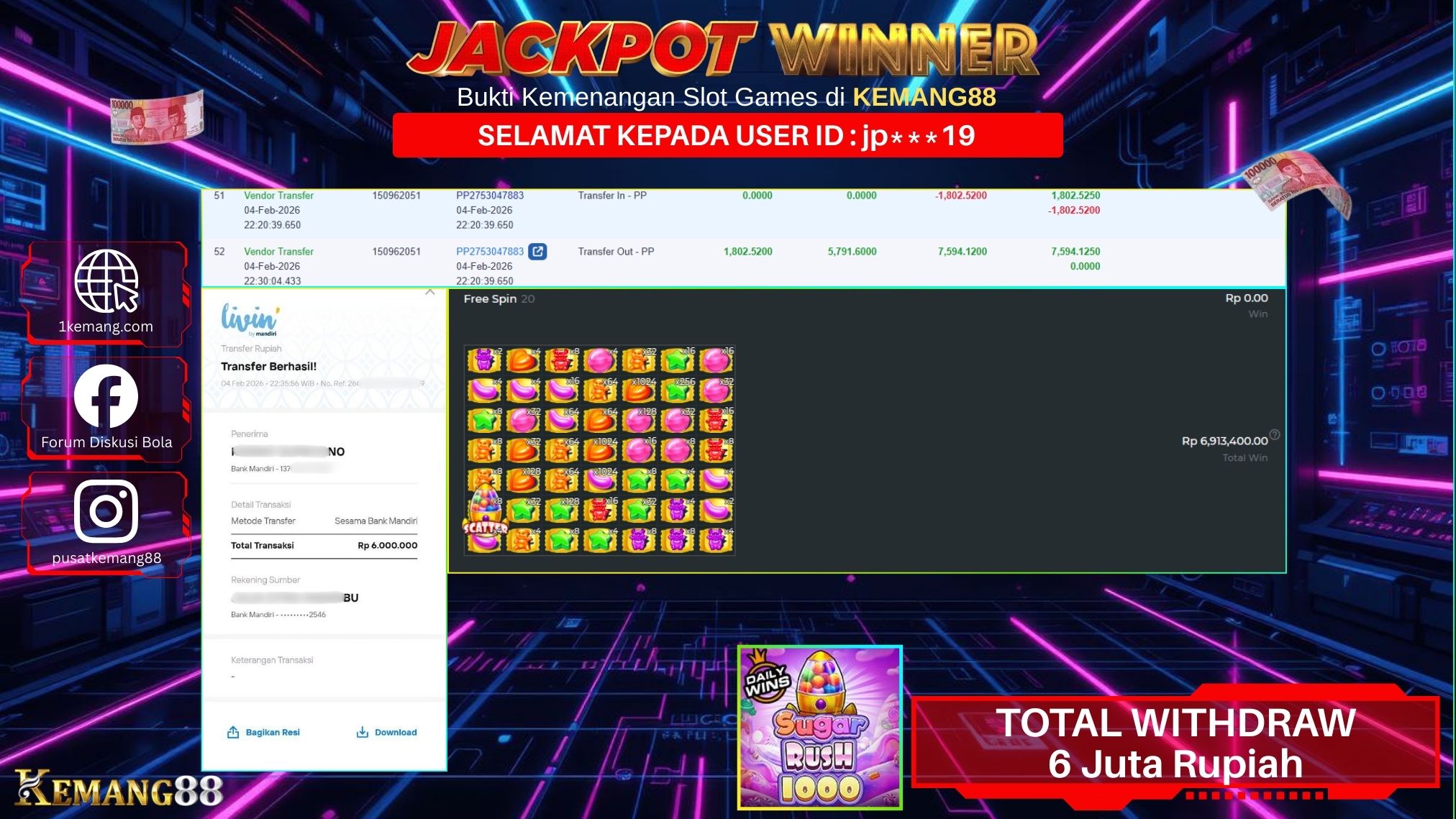 KEMANG88 [04 February 2026] : JACKPOT SLOT : SUGAR RUSH 1000 [PP] Rp. 6.000.000.,- LUNAS