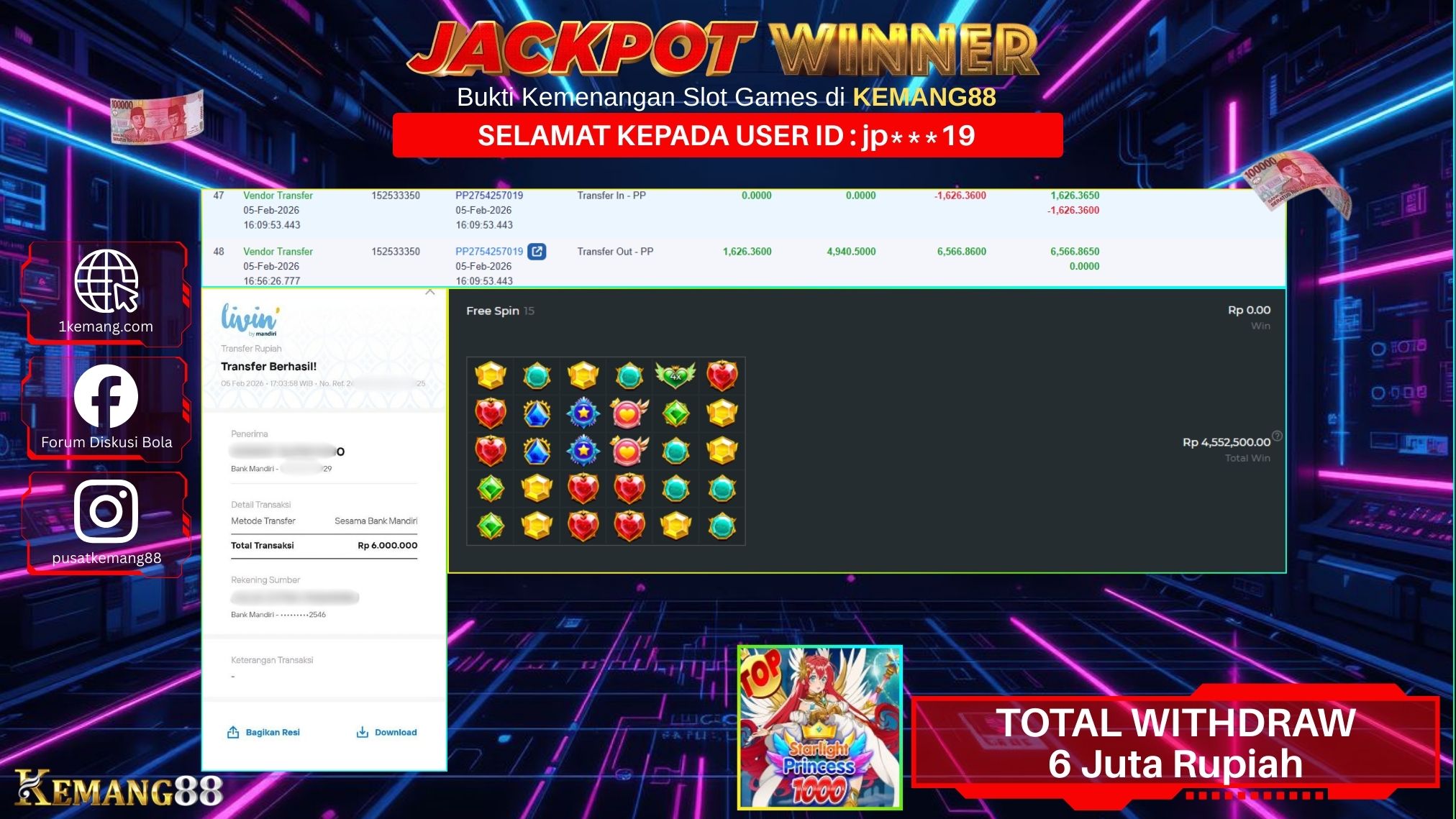 KEMANG88 [05 February 2026] : JACKPOT SLOT : STARLIGHT PRINCESS 1000 [PP] Rp. 6.000.000.,- LUNAS