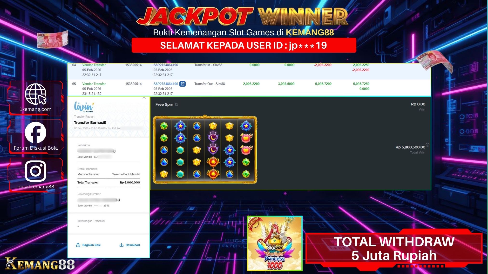 KEMANG88 [05 February 2026] : JACKPOT SLOT : STARLIGHT PRINCESS 1000 [SLOT88] Rp. 5.000.000.,- LUNAS