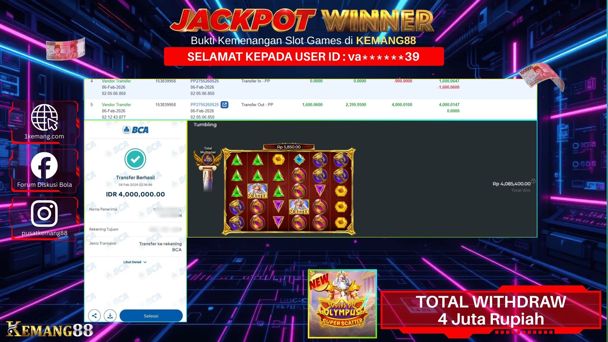 KEMANG88 [06 February 2026] : JACKPOT SLOT : GATES OF OLYMPUS SUPER SCATTER [PP] Rp. 4.000.000.,- LUNAS