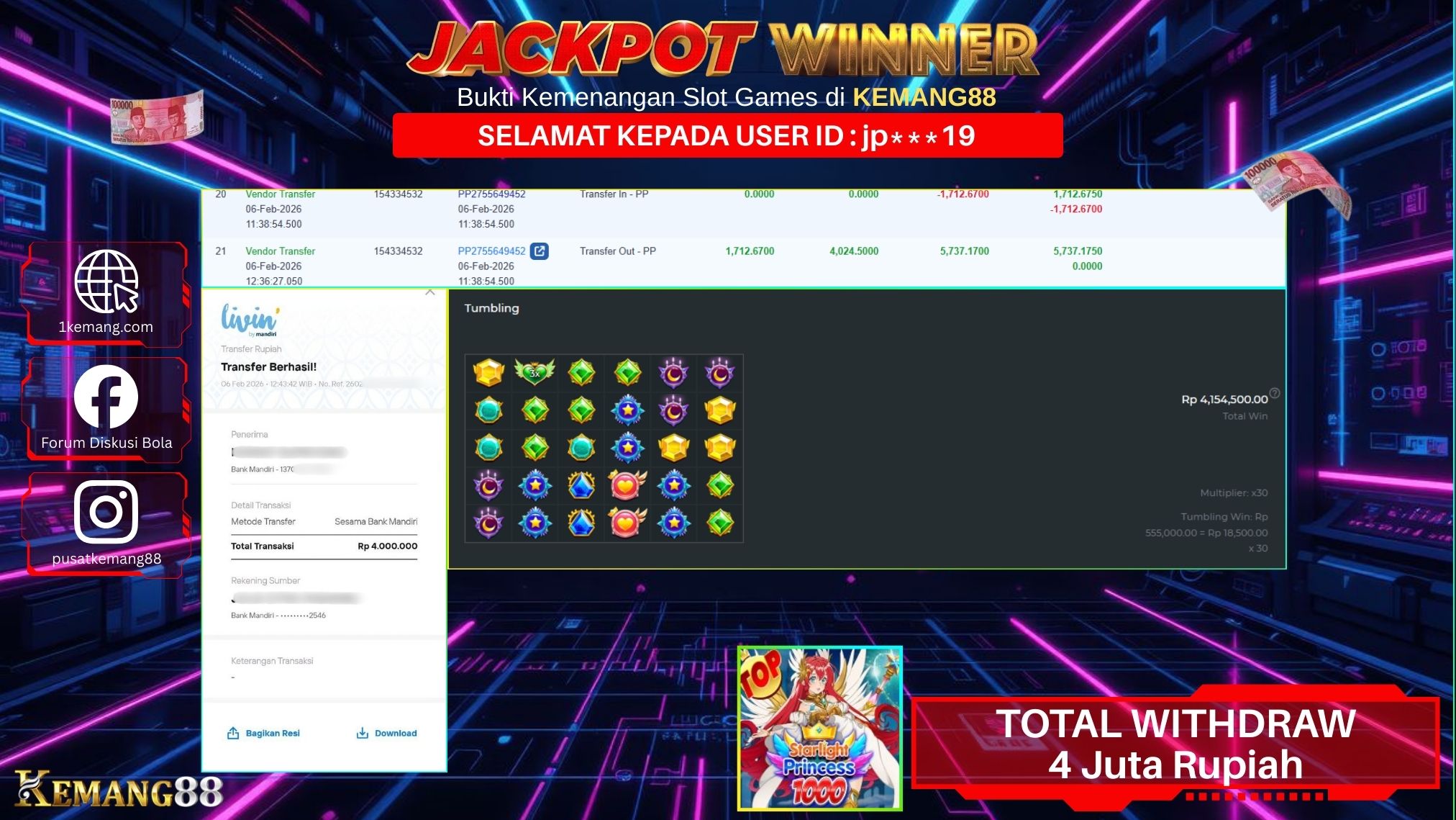 KEMANG88 [06 February 2026] : JACKPOT SLOT : STARLIGHT PRINCESS 1000 [PP] Rp. 4.000.000.,- LUNAS