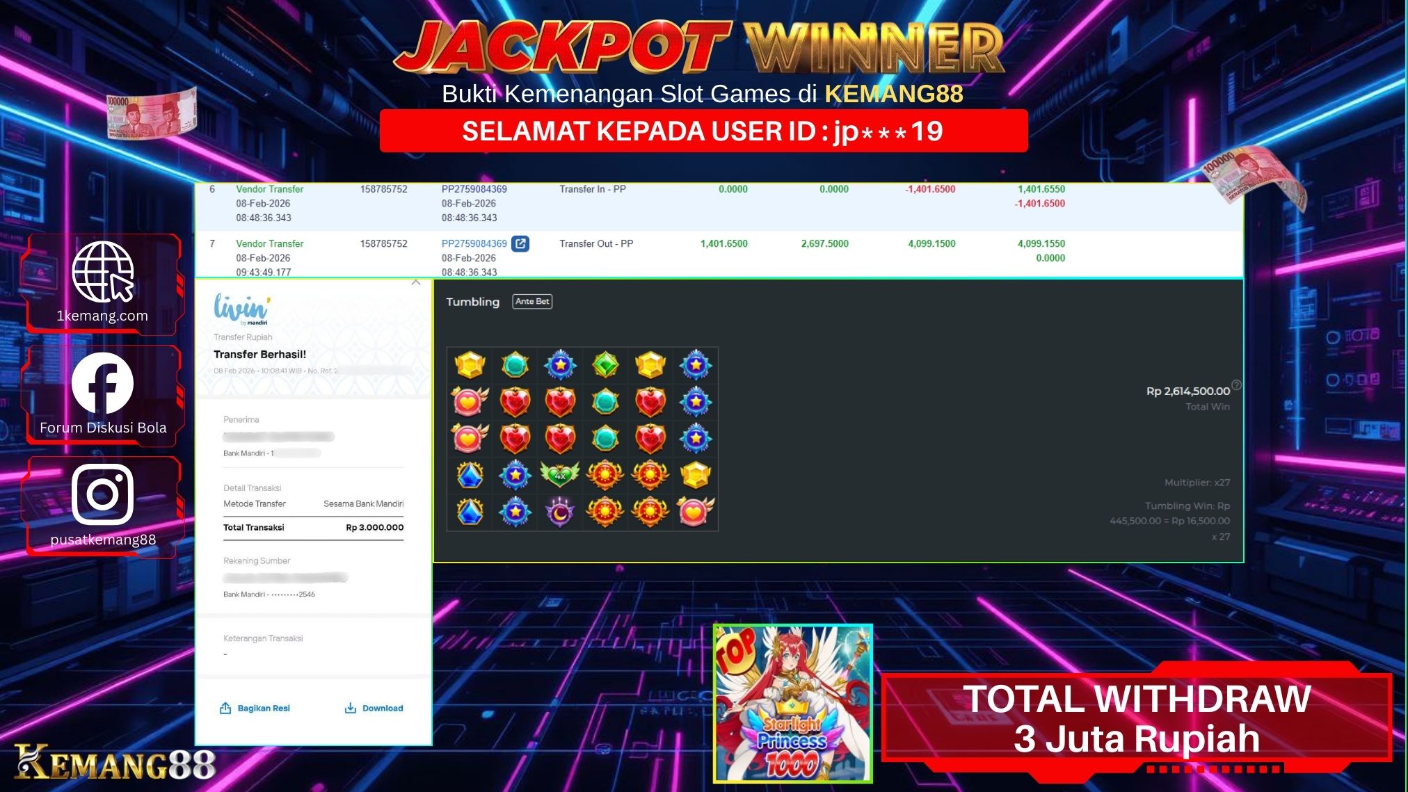 KEMANG88 [08 February 2026] : JACKPOT SLOT : STARLIGHT PRINCESS 1000 [PP] Rp. 3.000.000.,- LUNAS