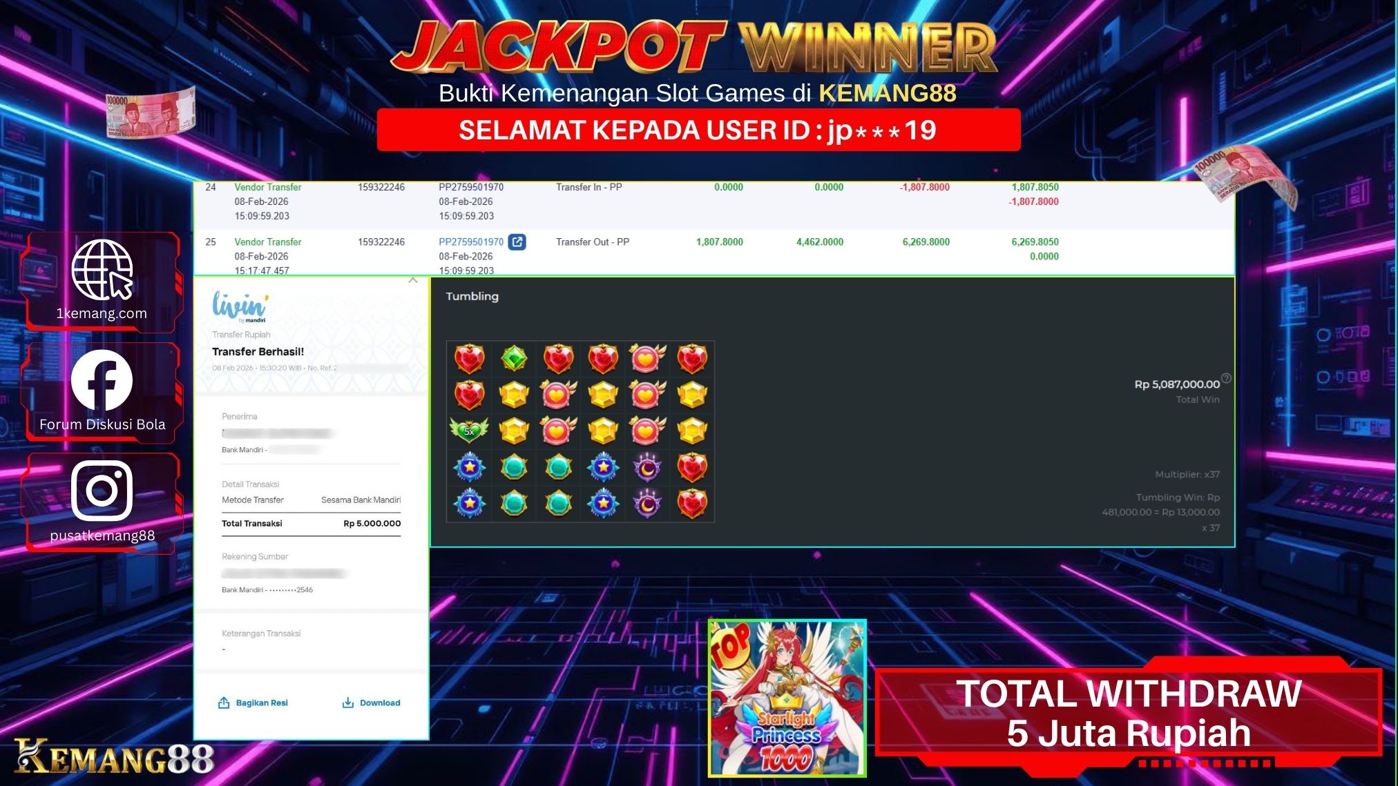 KEMANG88 [08 February 2026] : JACKPOT SLOT : STARLIGHT PRINCESS 1000 [PP] Rp. 5.000.000.,- LUNAS