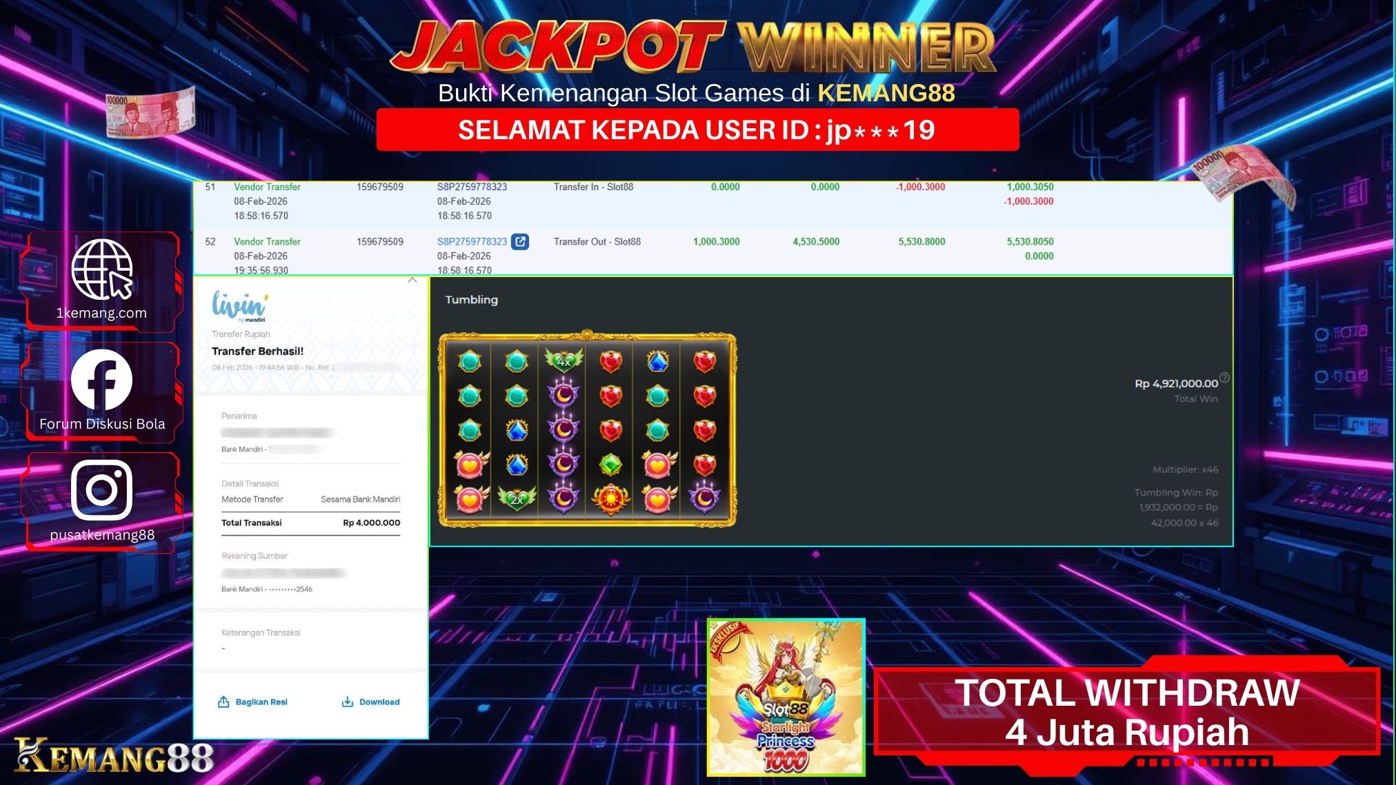 KEMANG88 [08 February 2026] : JACKPOT SLOT : STARLIGHT PRINCESS 1000 [SLOT88] Rp. 4.000.000.,- LUNAS