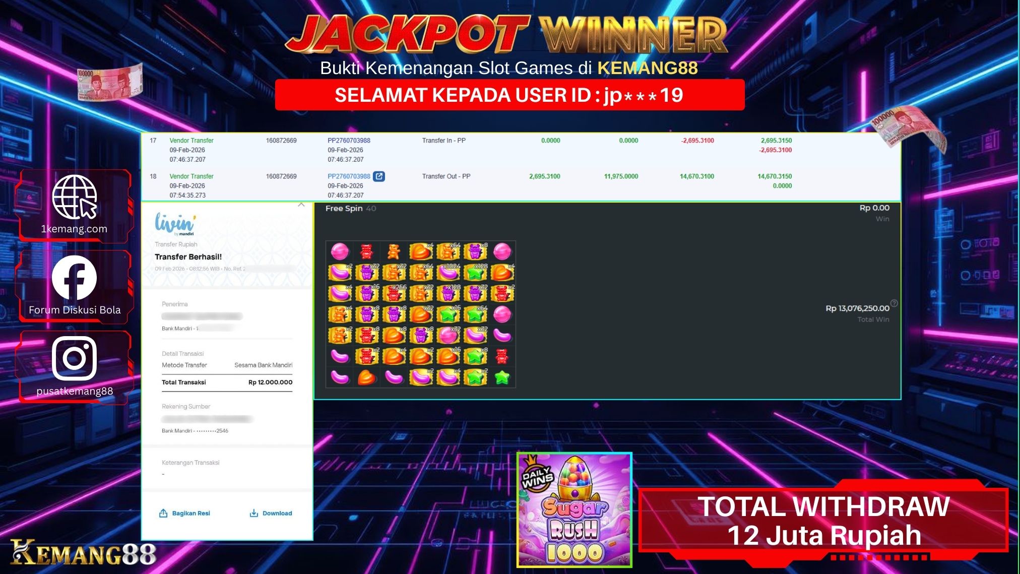 KEMANG88 [09 February 2026] : JACKPOT SLOT : SUGAR RUSH 1000 [PP] Rp. 12.000.000.,- LUNAS