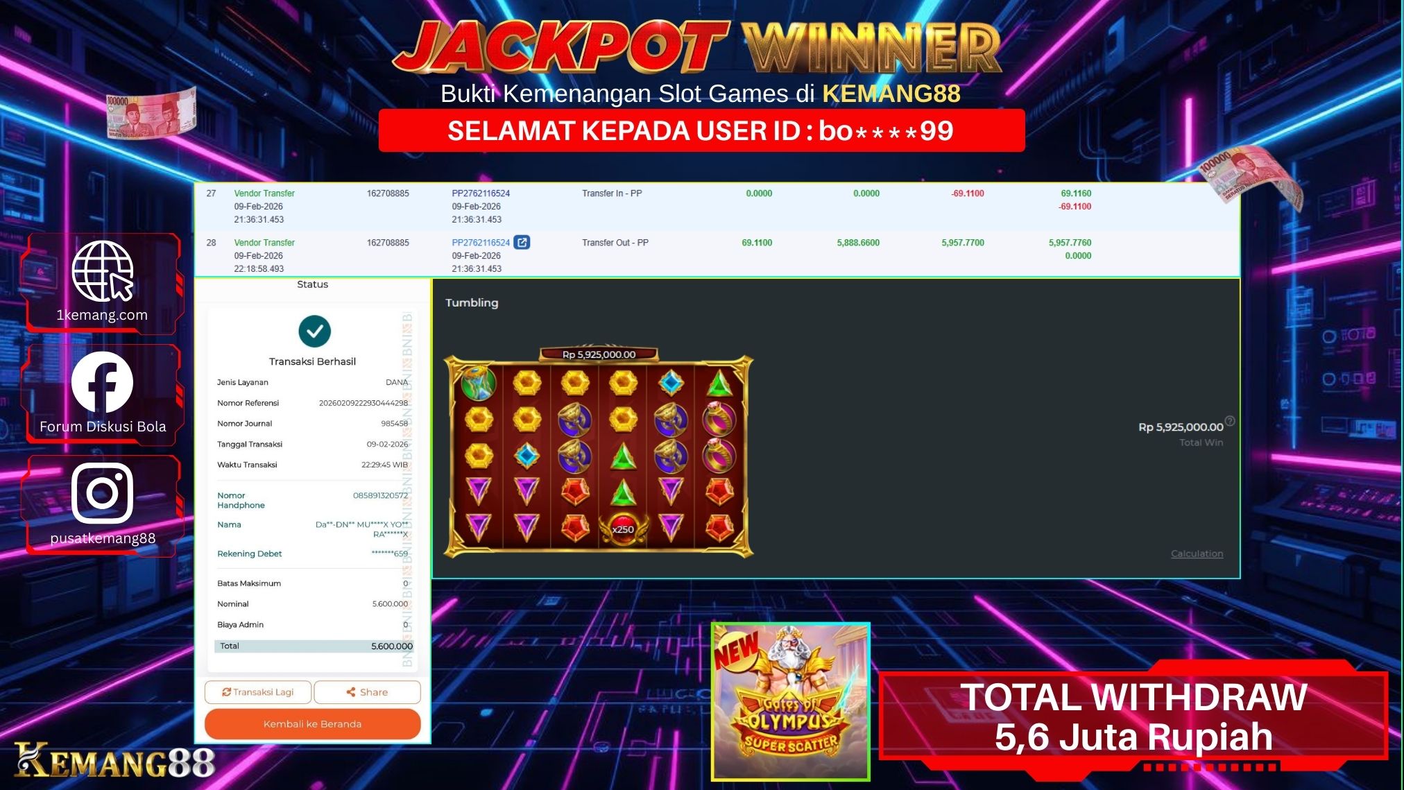 KEMANG88 [09 February 2026] : JACKPOT SLOT : GATES OF OLYMPUS SUPER SCATTER [PP] Rp. 5.600.000.,- LUNAS