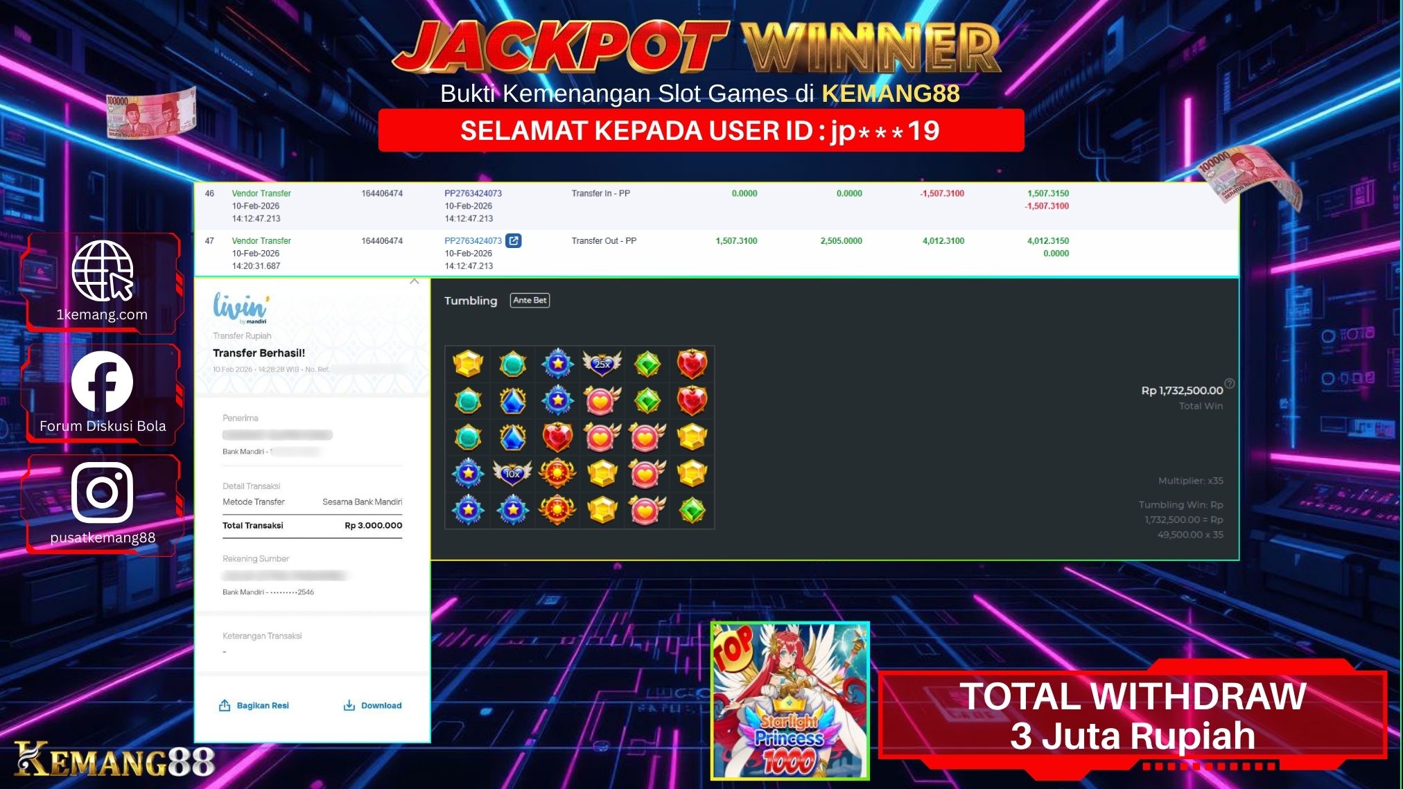 KEMANG88 [10 February 2026] : JACKPOT SLOT : STARLIGHT PRINCESS 1000 [PP] Rp. 3.000.000.,- LUNAS