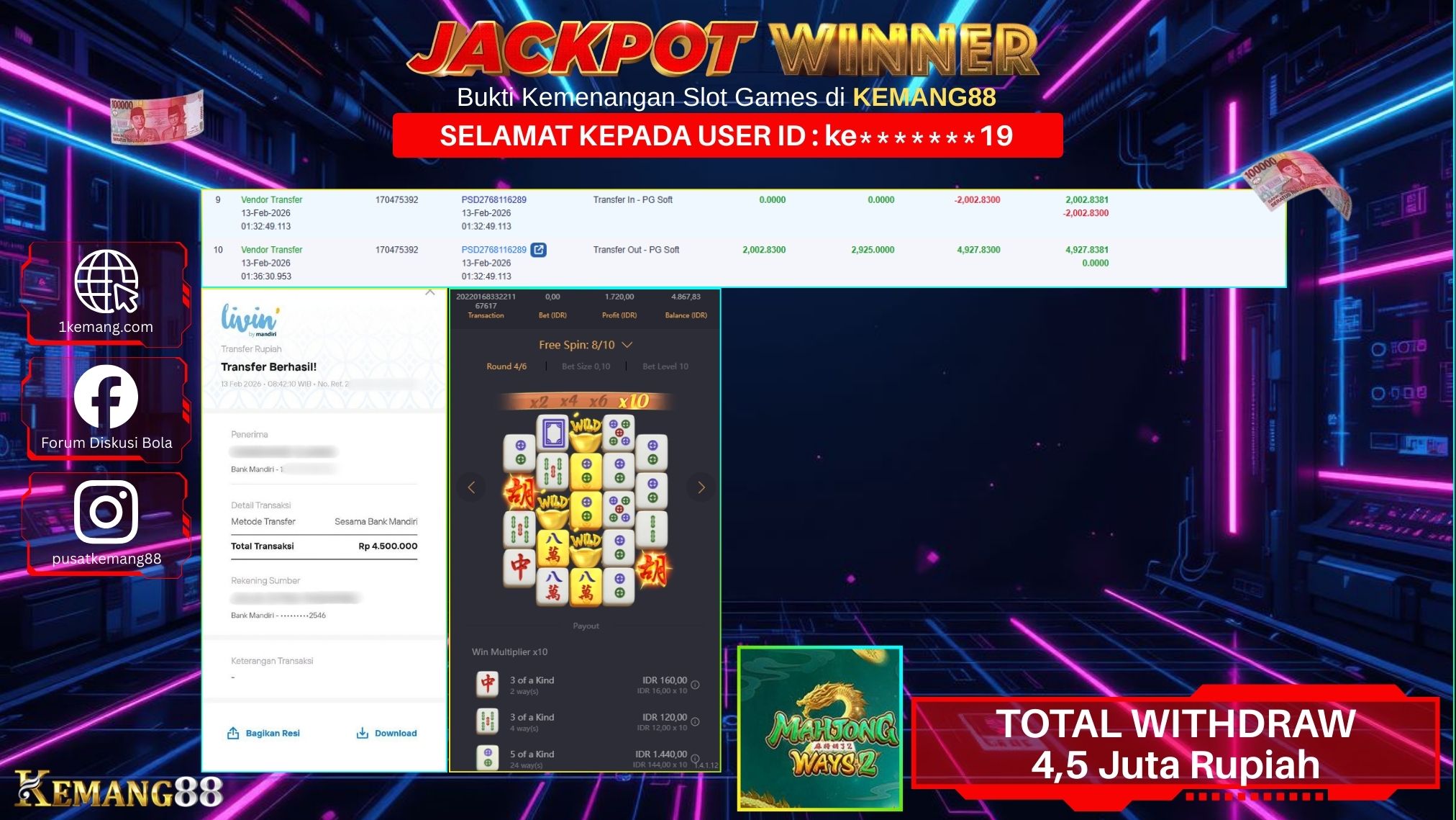 KEMANG88 [13 February 2026] : JACKPOT SLOT : MAHJONG WAYS 2 [PG] Rp. 4.500.000.,- LUNAS