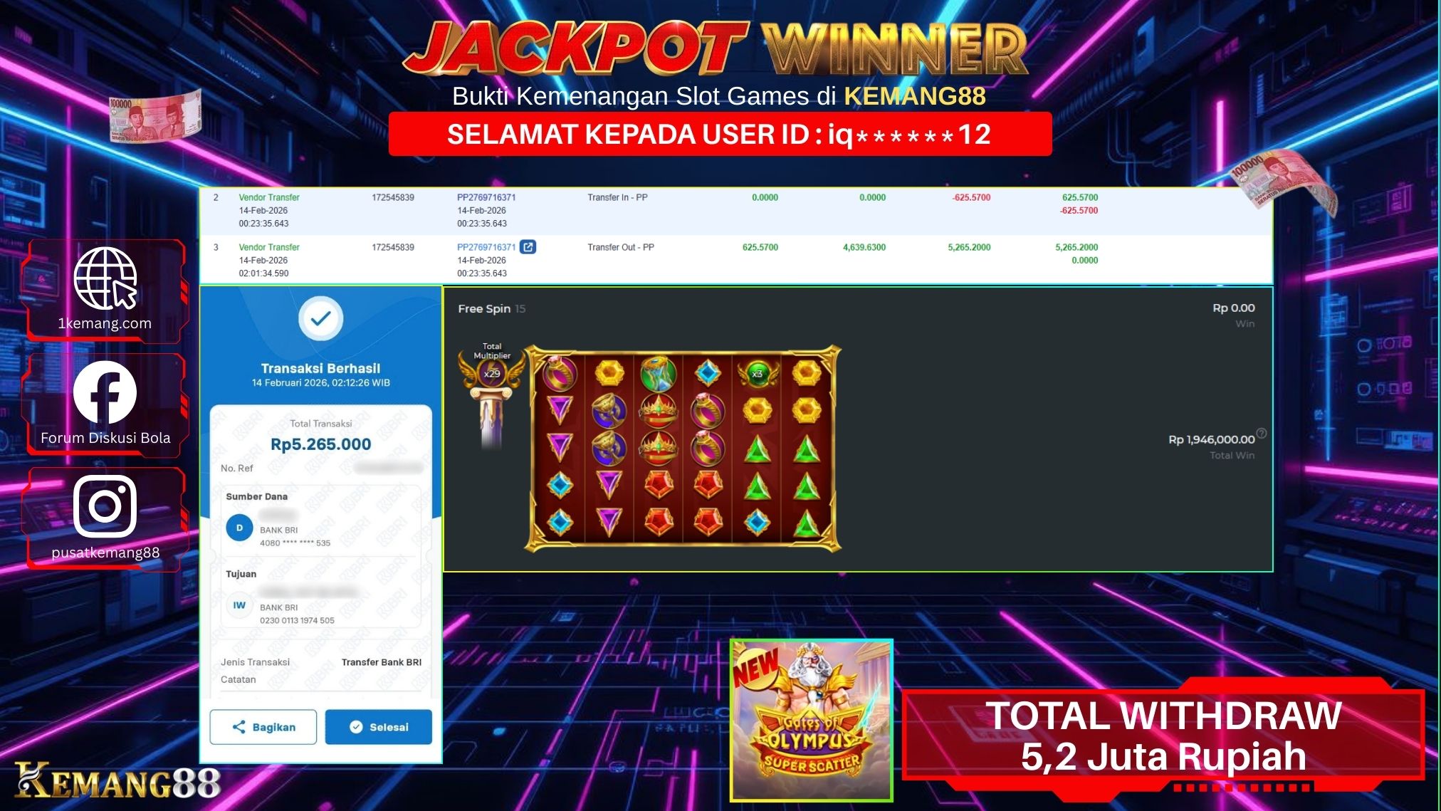 KEMANG88 [14 February 2026] : JACKPOT SLOT : GATES OF OLYMPUS SUPER SCATTER [PP] Rp. 5.265.000.,- LUNAS