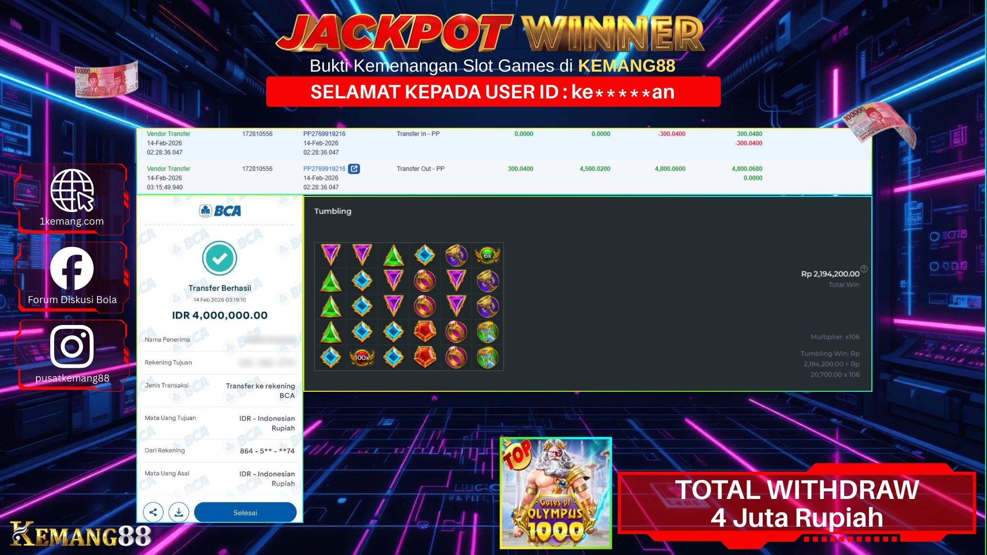 KEMANG88 [14 February 2026] : JACKPOT SLOT : GATES OF OLYMPUS 1000 [PP] Rp. 4.000.000.,- LUNAS