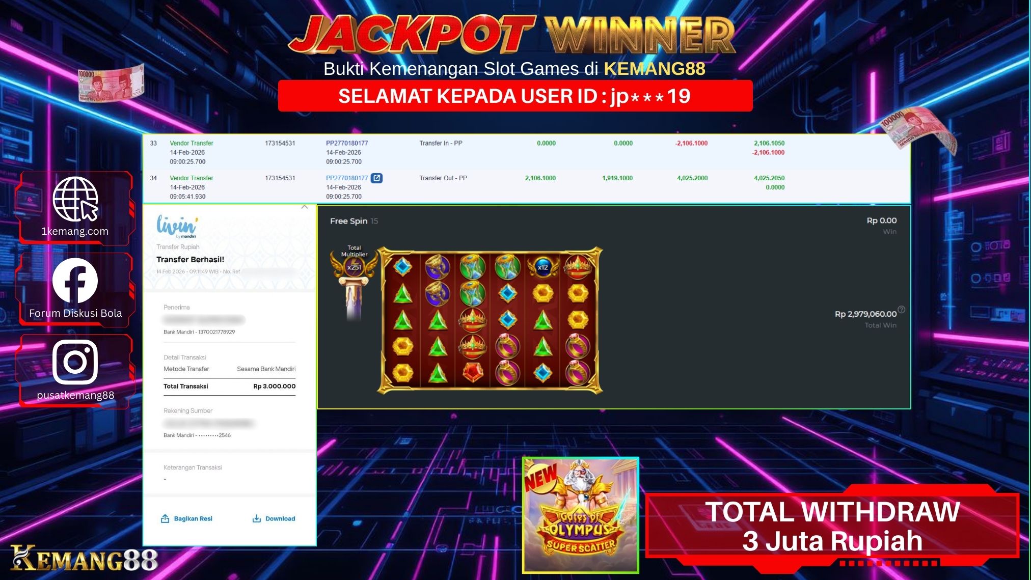 KEMANG88 [14 February 2026] : JACKPOT SLOT : GATES OF OLYMPUS SUPER SCATTER [PP] Rp. 3.000.000.,- LUNAS