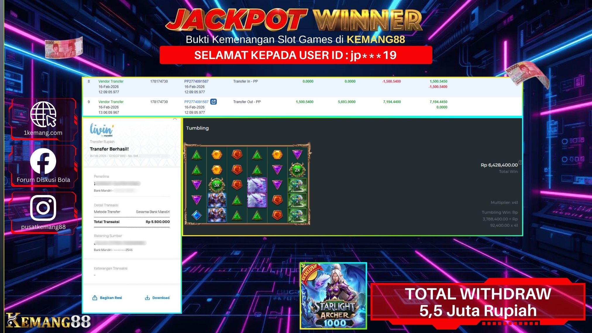 KEMANG88 [16 February 2026] : JACKPOT SLOT : STARLIGHT ARCHER 1000 [PP] Rp. 5.500.000.,- LUNAS