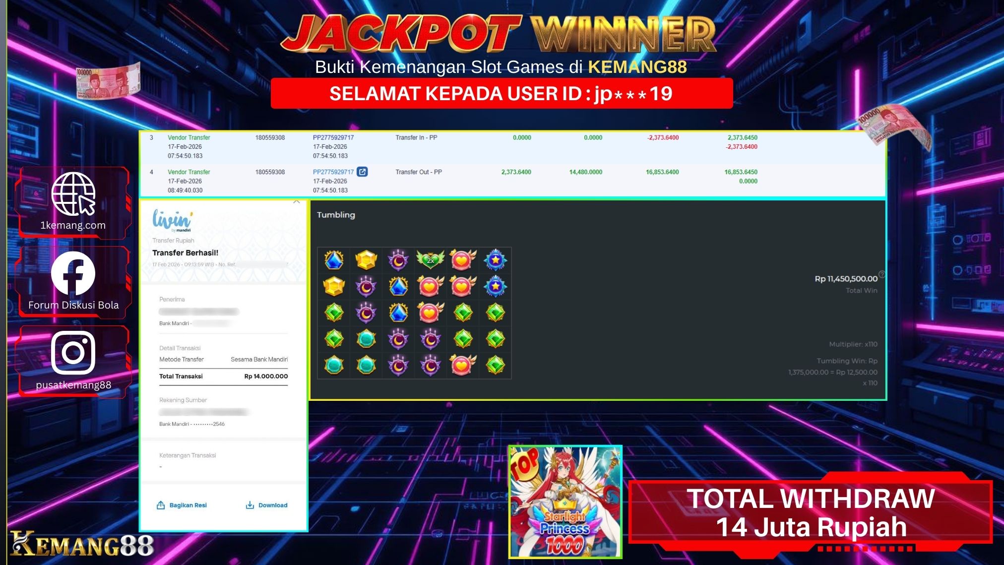 KEMANG88 [17 February 2026] : JACKPOT SLOT : STARLIGHT PRINCESS 1000 [PP] Rp. 14.000.000.,- LUNAS