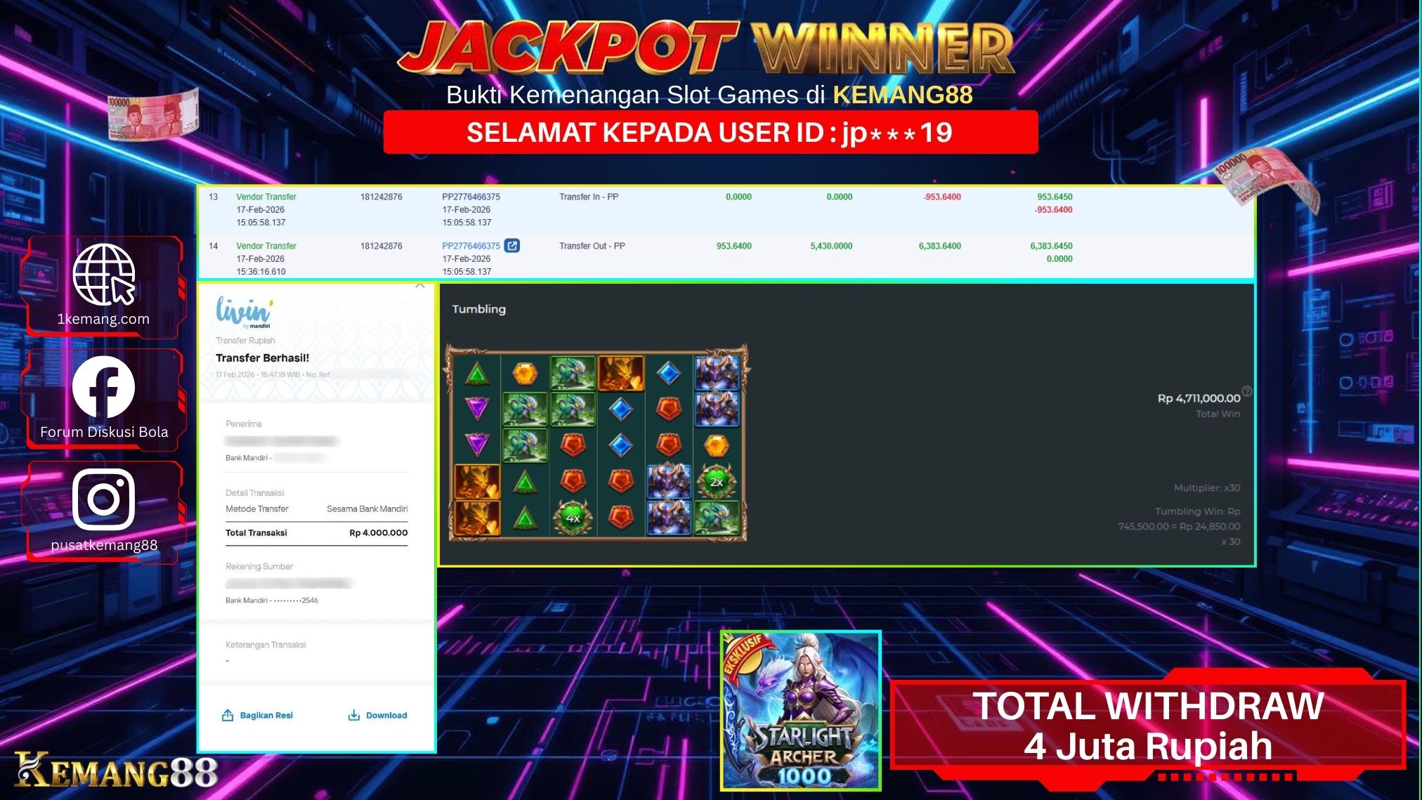 KEMANG88 [17 February 2026] : JACKPOT SLOT : STARLIGHT ARCHER 1000 [PP] Rp. 4.000.000.,- LUNAS