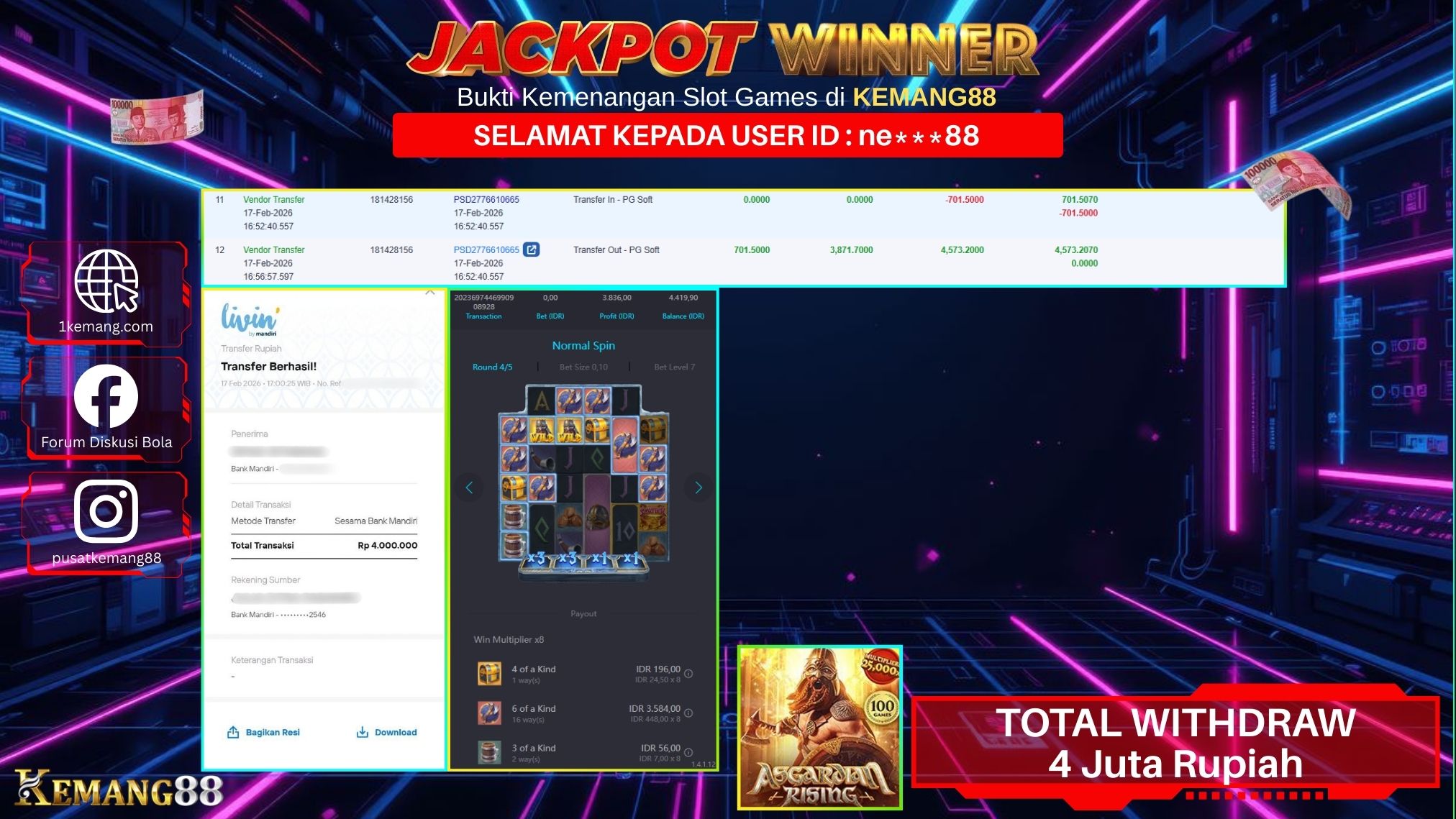 KEMANG88 [17 February 2026] : JACKPOT SLOT : ASGARDIAN RISING [PG] Rp. 4.000.000.,- LUNAS