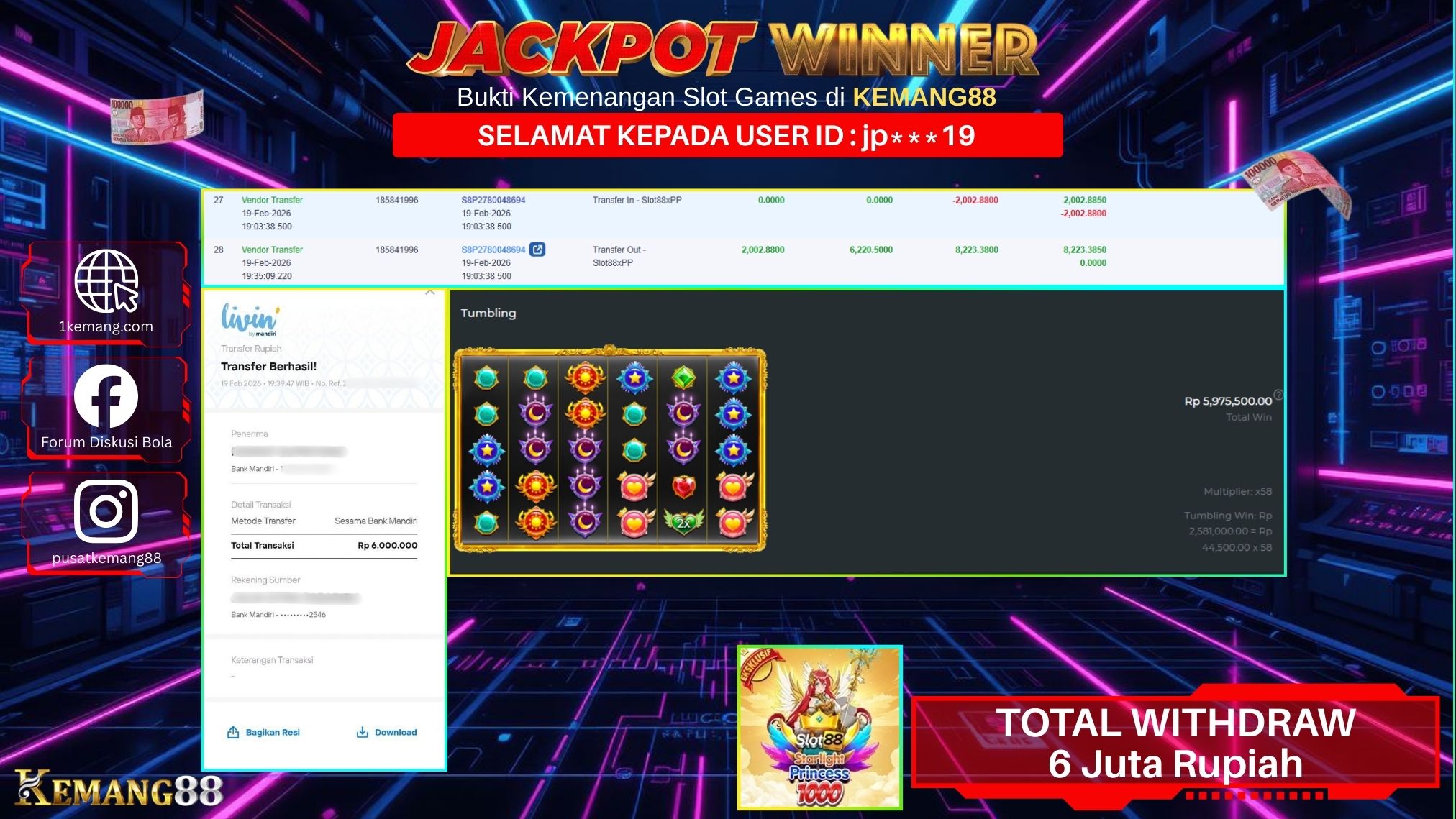 KEMANG88 [19 February 2026] : JACKPOT SLOT : STARLIGHT PRINCESS 1000 [SLOT88] Rp. 6.000.000.,- LUNAS