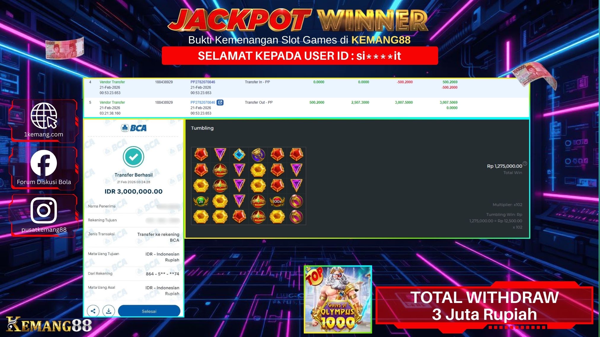 KEMANG88 [21 February 2026] : JACKPOT SLOT : GATES OF OLYMPUS 1000 [PP] Rp. 3.000.000.,- LUNAS