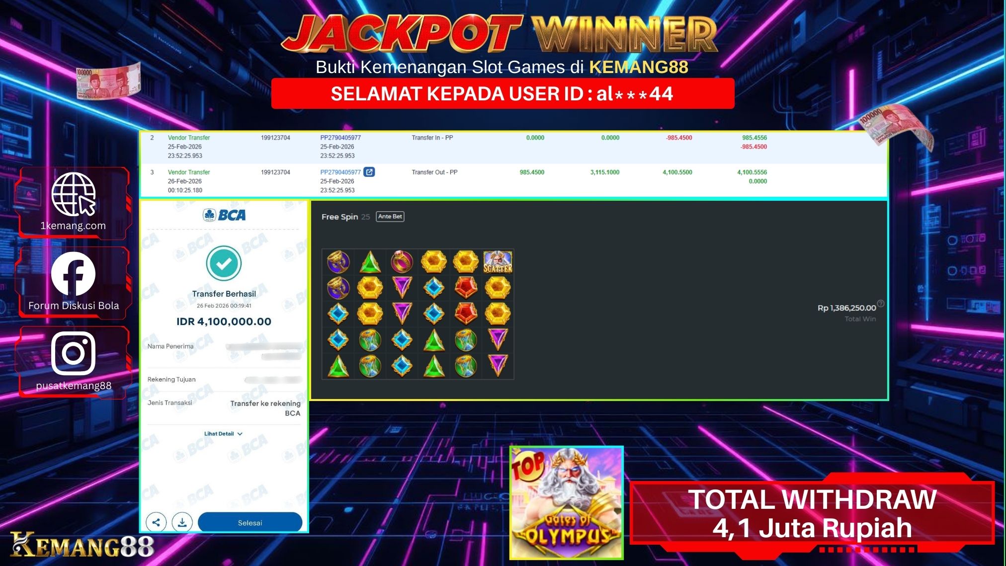 KEMANG88 [26 February 2026] : JACKPOT SLOT : GATES OF OLYMPUS [PP] Rp. 4.100.000.,- LUNAS