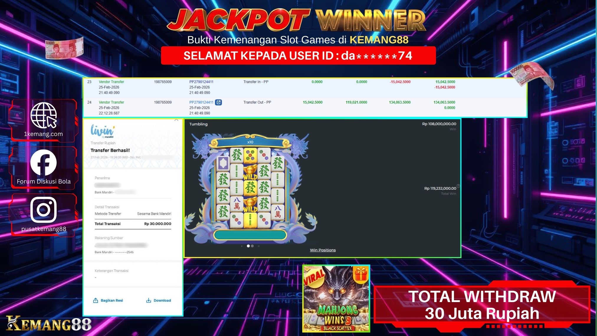 KEMANG88 [27 February 2026] : JACKPOT SLOT : MAHJONG WINS 3 BLACK SCATTER [PP] Rp. 30.000.000.,- LUNAS [3]