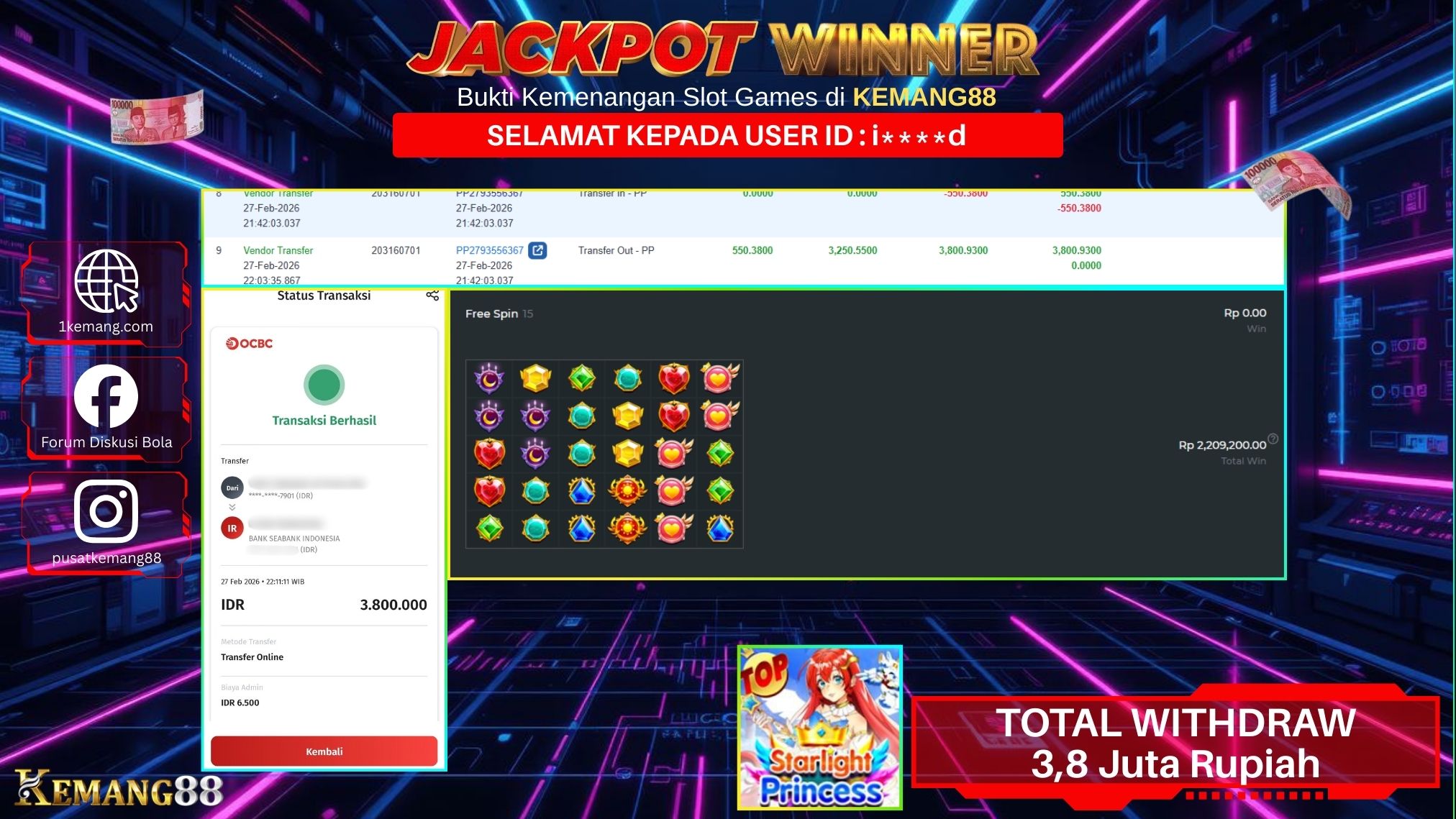 KEMANG88 [27 February 2026] : JACKPOT SLOT : STARLIGHT PRINCESS [PP] Rp. 3.800.000.,- LUNAS