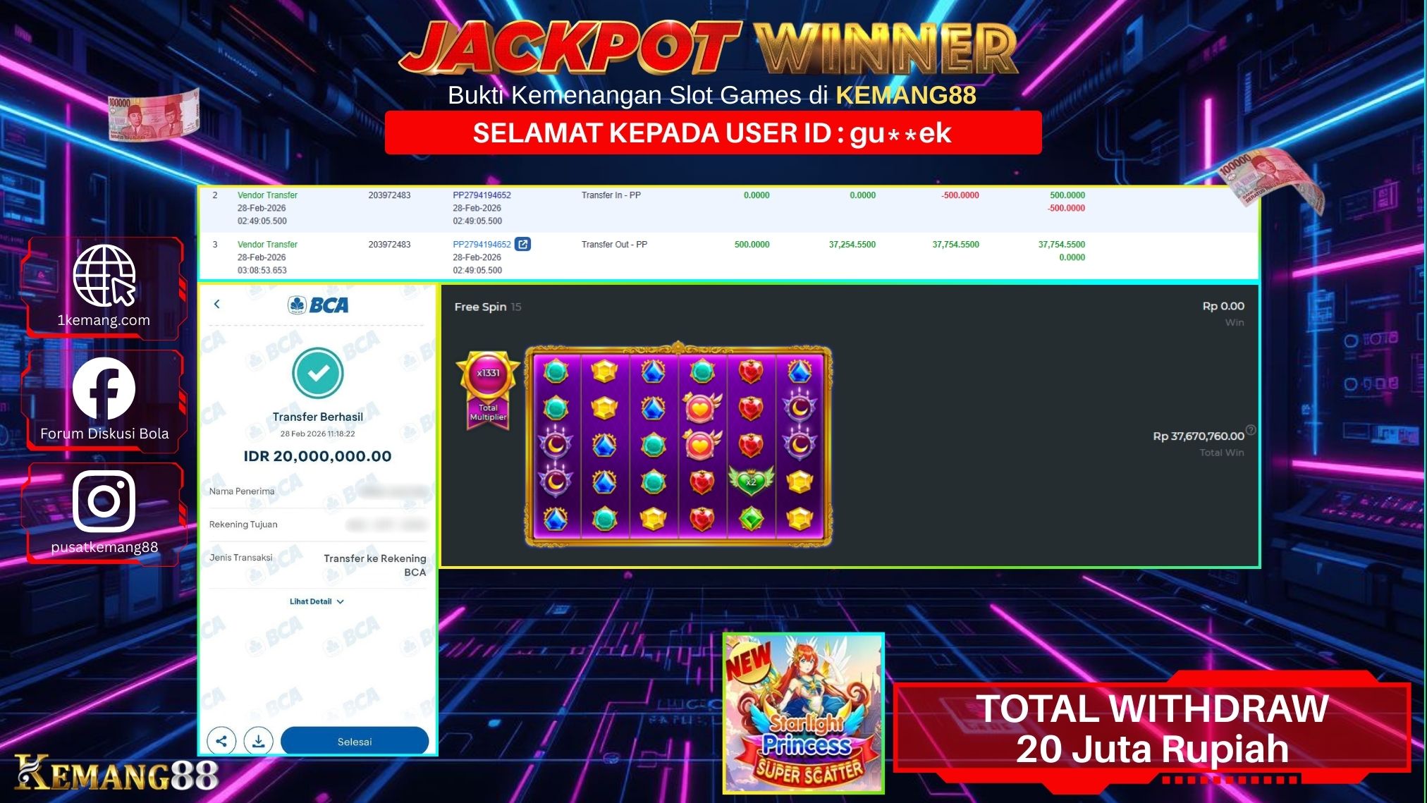 KEMANG88 [28 February 2026] : JACKPOT SLOT : STARLIGHT PRINCESS SUPER SCATTER [PP] Rp. 20.000.000.,- LUNAS [1]