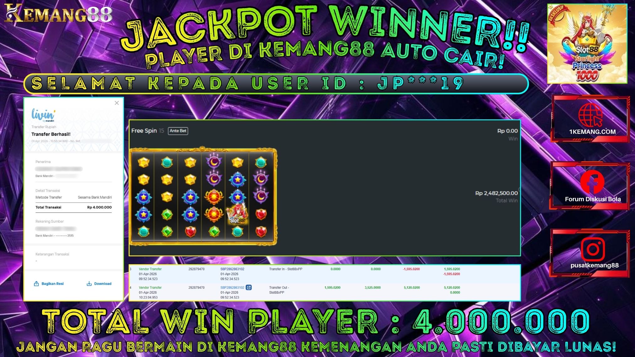 KEMANG88 [01 April 2026] : JACKPOT SLOT : STARLIGHT PRINCESS 1000 [SLOT88] Rp. 4.000.000.,- LUNAS