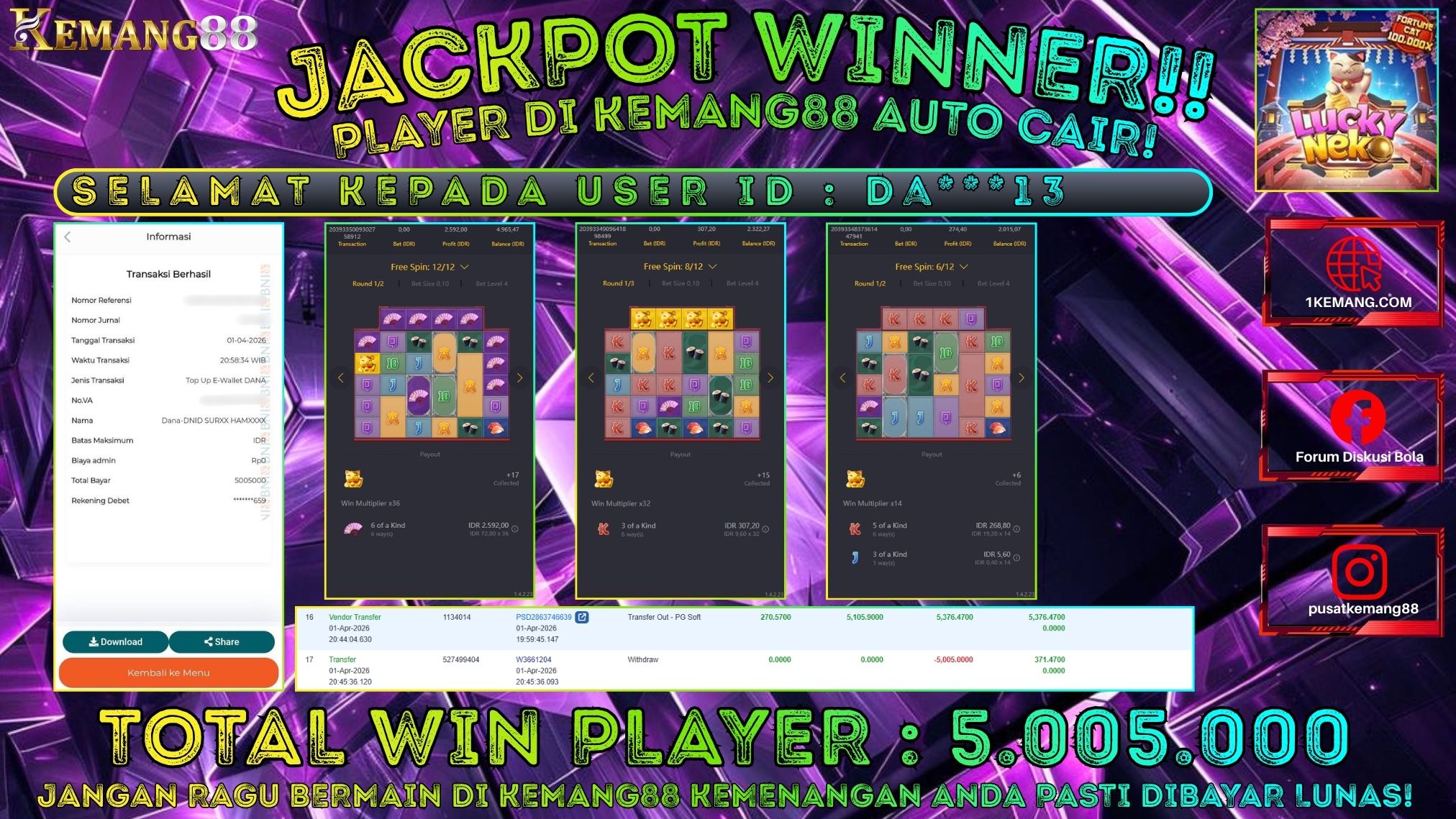 KEMANG88 [01 April 2026] : JACKPOT SLOT : LUCKY NEKO [PG] Rp. 5.005.000.,- LUNAS