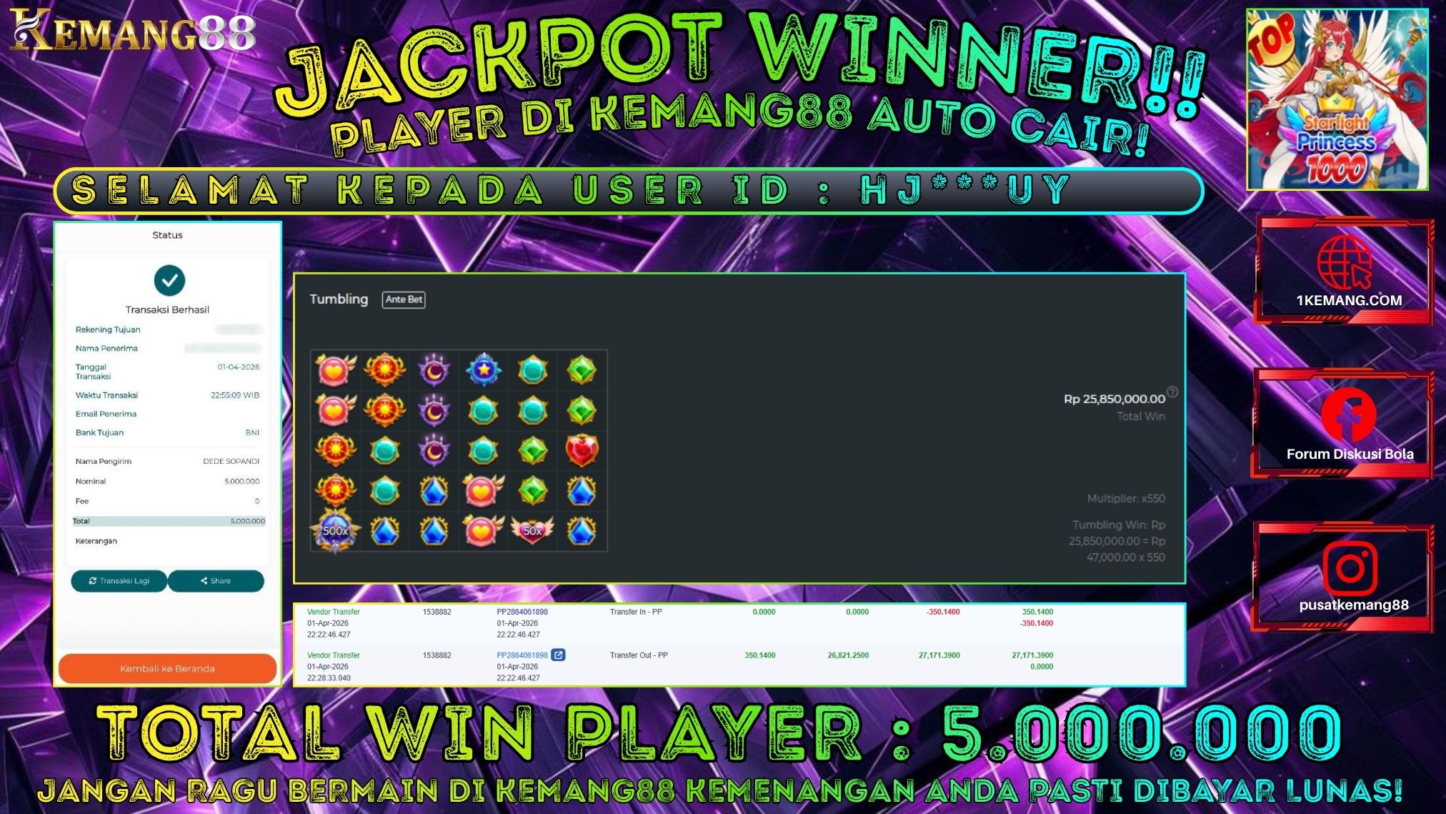 KEMANG88 [02 April 2026] : JACKPOT SLOT : STARLIGHT PRINCESS 1000 [PP] Rp. 5.000.000.,- LUNAS [1]