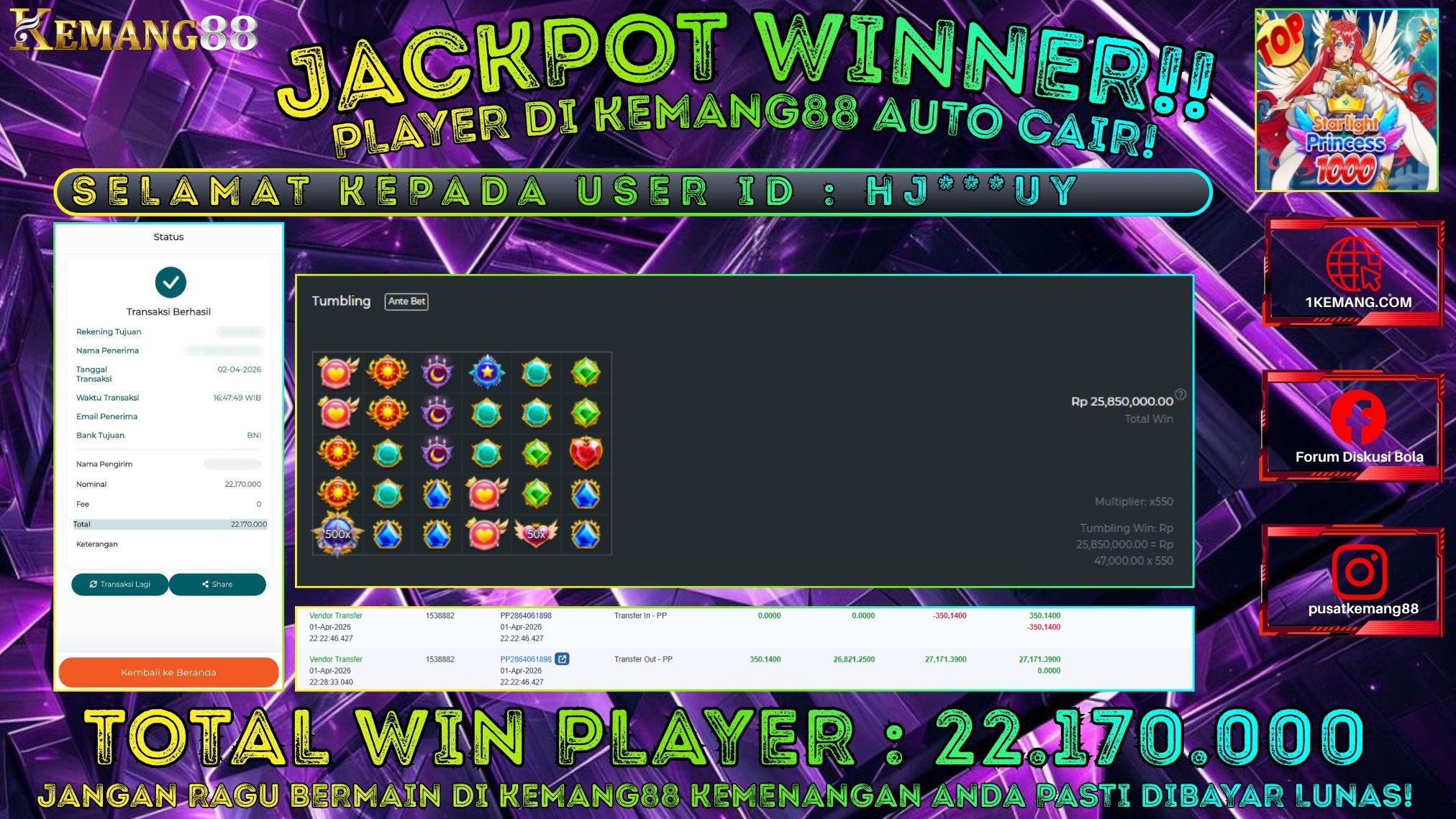 KEMANG88 [02 April 2026] : JACKPOT SLOT : STARLIGHT PRINCESS 1000 [PP] Rp. 22.170.000.,- LUNAS [2]