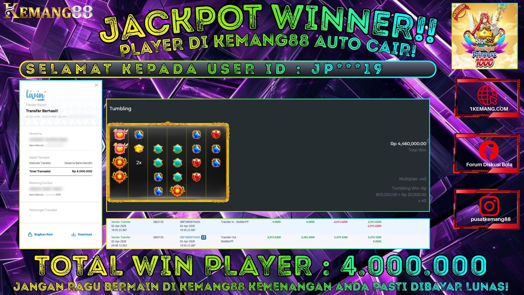KEMANG88 [02 April 2026] : JACKPOT SLOT : STARLIGHT PRINCESS 1000 [SLOT88] Rp. 4.000.000.,- LUNAS