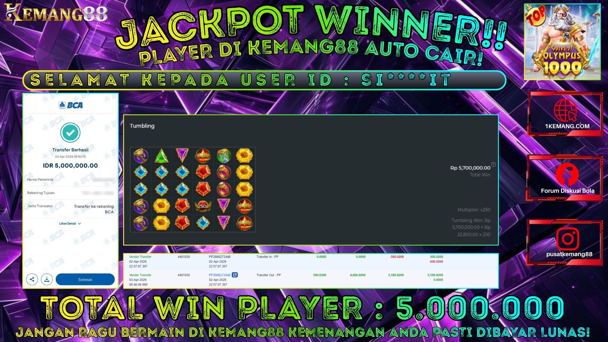 KEMANG88 [03 April 2026] : JACKPOT SLOT : GATES OF OLYMPUS 1000 [PP] Rp. 5.000.000.,- LUNAS