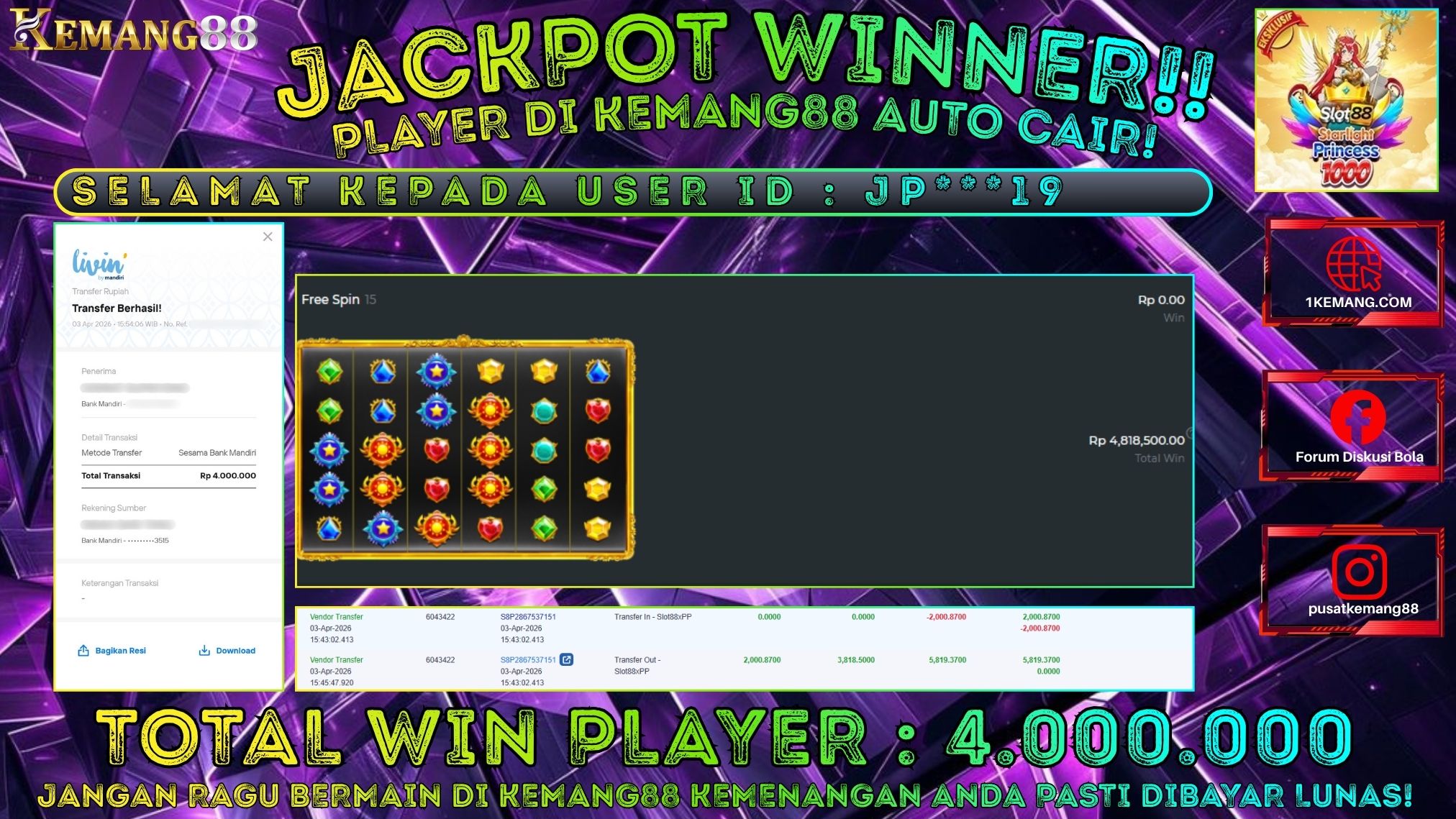 KEMANG88 [03 April 2026] : JACKPOT SLOT : STARLIGHT PRINCESS 1000 [SLOT88] Rp. 4.000.000.,- LUNAS