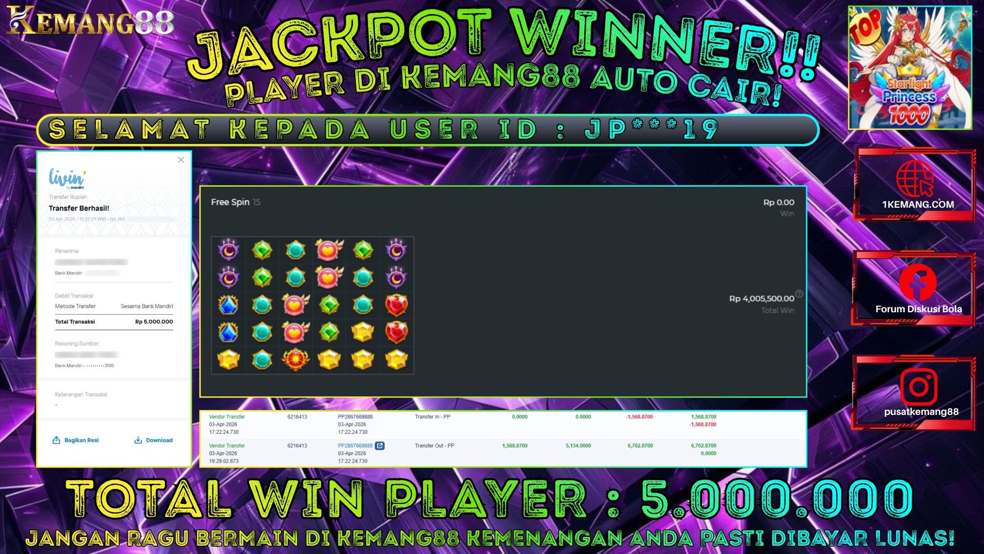 KEMANG88 [03 April 2026] : JACKPOT SLOT : STARLIGHT PRINCESS 1000 [PP] Rp. 5.000.000.,- LUNAS