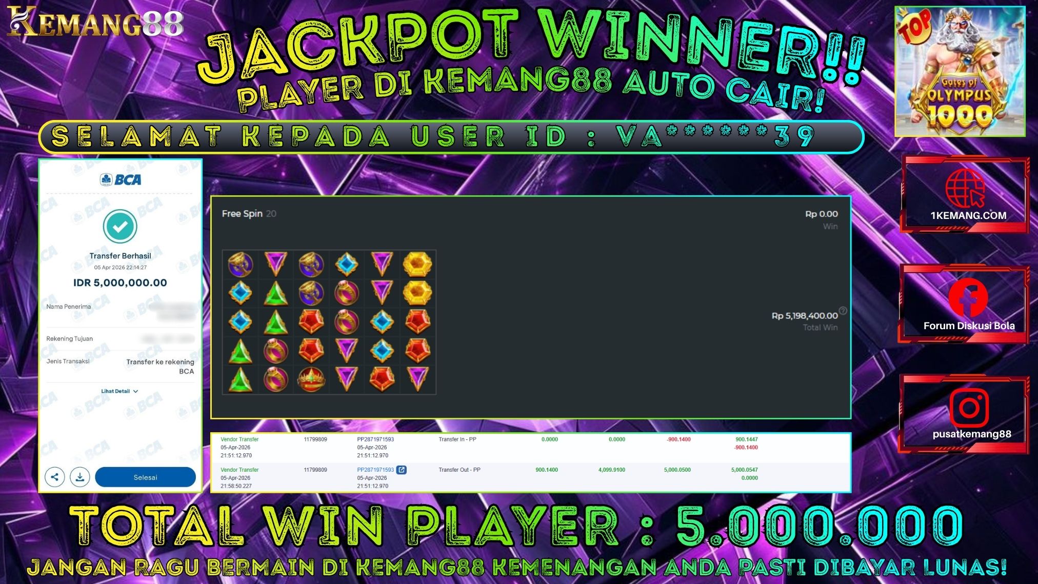 KEMANG88 [05 April 2026] : JACKPOT SLOT : GATES OF OLYMPUS 1000 [PP] Rp. 5.000.000.,- LUNAS
