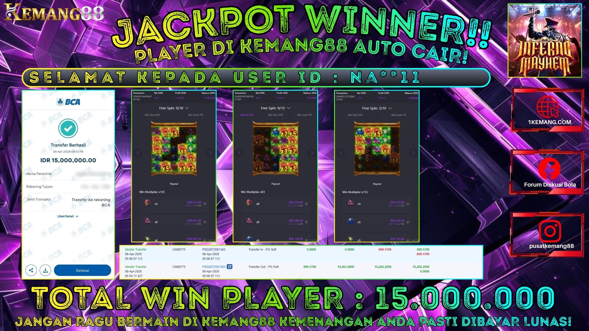 KEMANG88 [06 April 2026] : JACKPOT SLOT : INFERNO MAYHEM [PG] Rp. 15.000.000.,- LUNAS