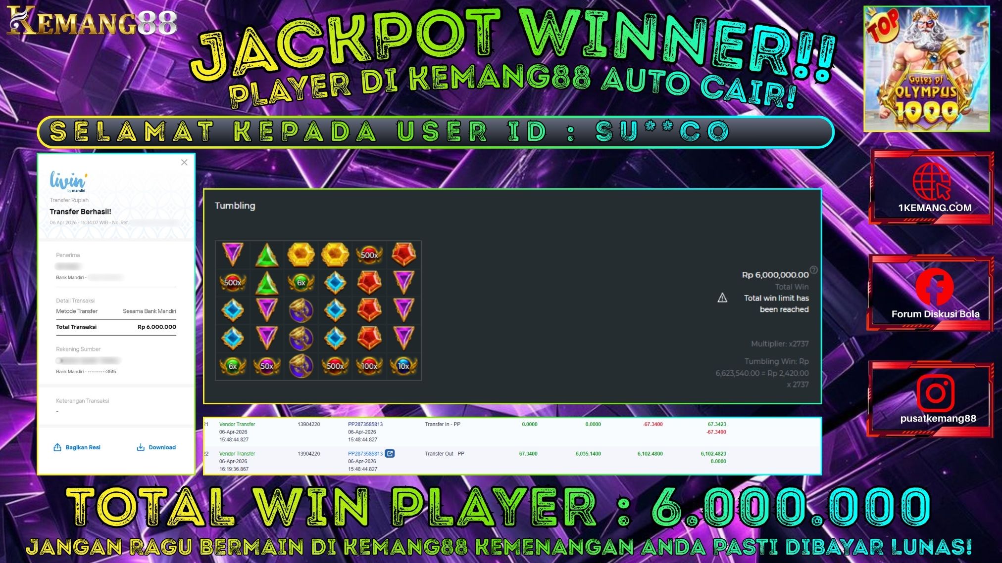 KEMANG88 [06 April 2026] : JACKPOT SLOT : GATES OF OLYMPUS 1000 [PP] Rp. 6.000.000.,- LUNAS