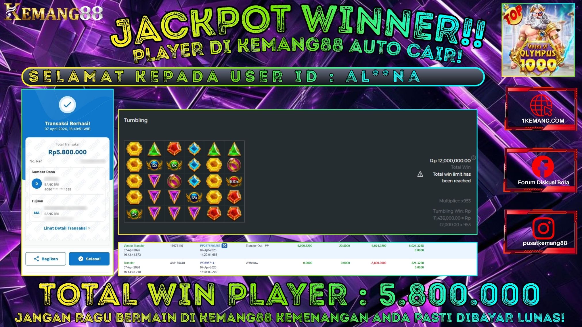 KEMANG88 [07 April 2026] : JACKPOT SLOT : GATES OF OLYMPUS 1000 [PP] Rp. 5.800.000.,- LUNAS [2]