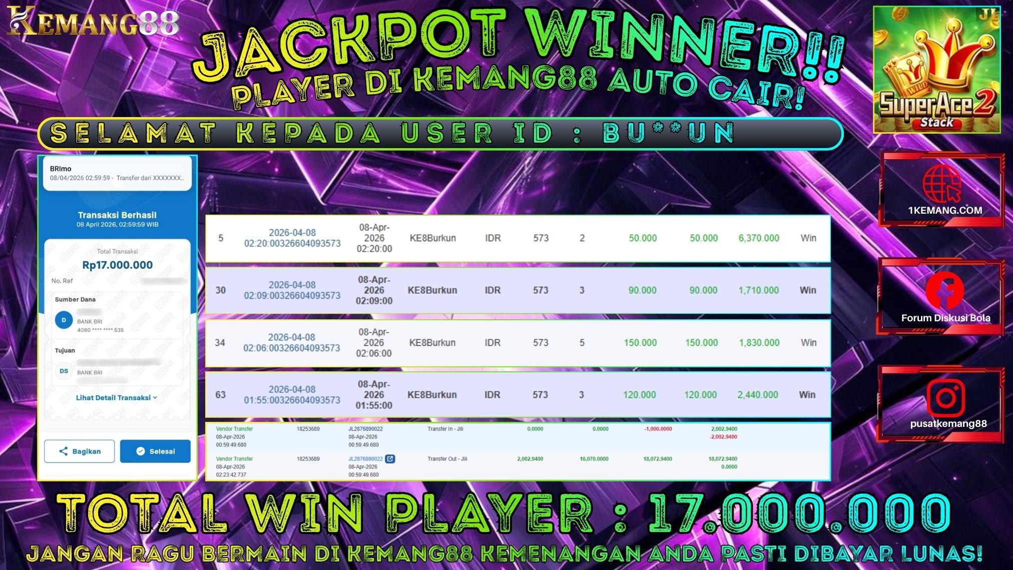 KEMANG88 [08 April 2026] : JACKPOT SLOT : SUPER ACE 2 [JILI] Rp. 17.000.000.,- LUNAS