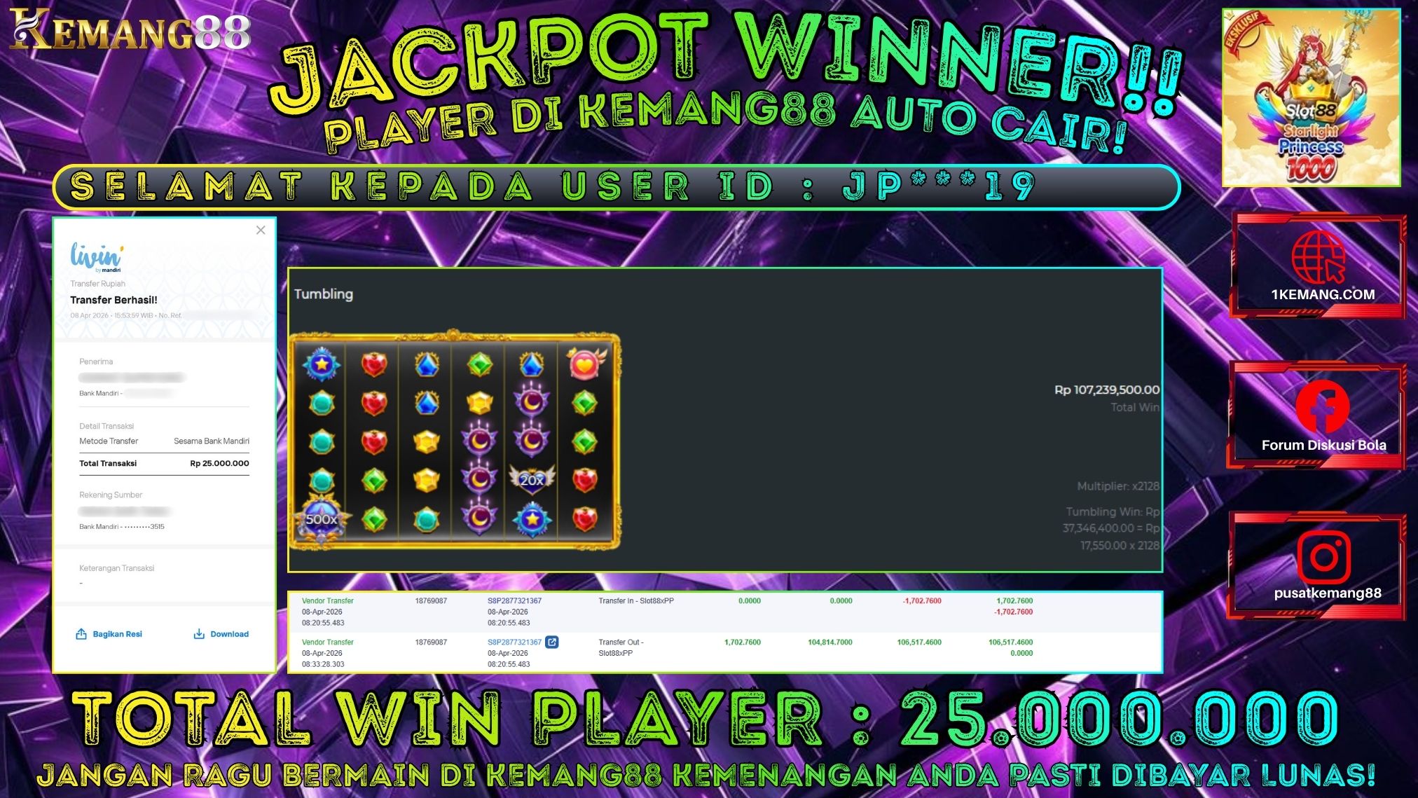 KEMANG88 [08 April 2026] : JACKPOT SLOT : STARLIGHT PRINCESS 1000 [SLOT88] Rp. 25.000.000.,- LUNAS [1]
