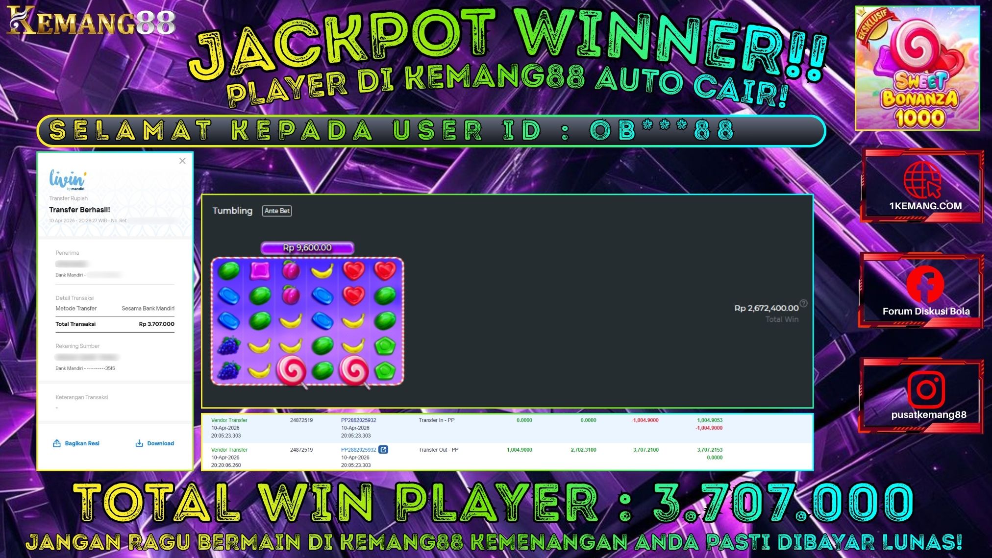 KEMANG88 [10 April 2026] : JACKPOT SLOT : SWEET BONANZA 1000 [PP] Rp. 3.707.000.,- LUNAS
