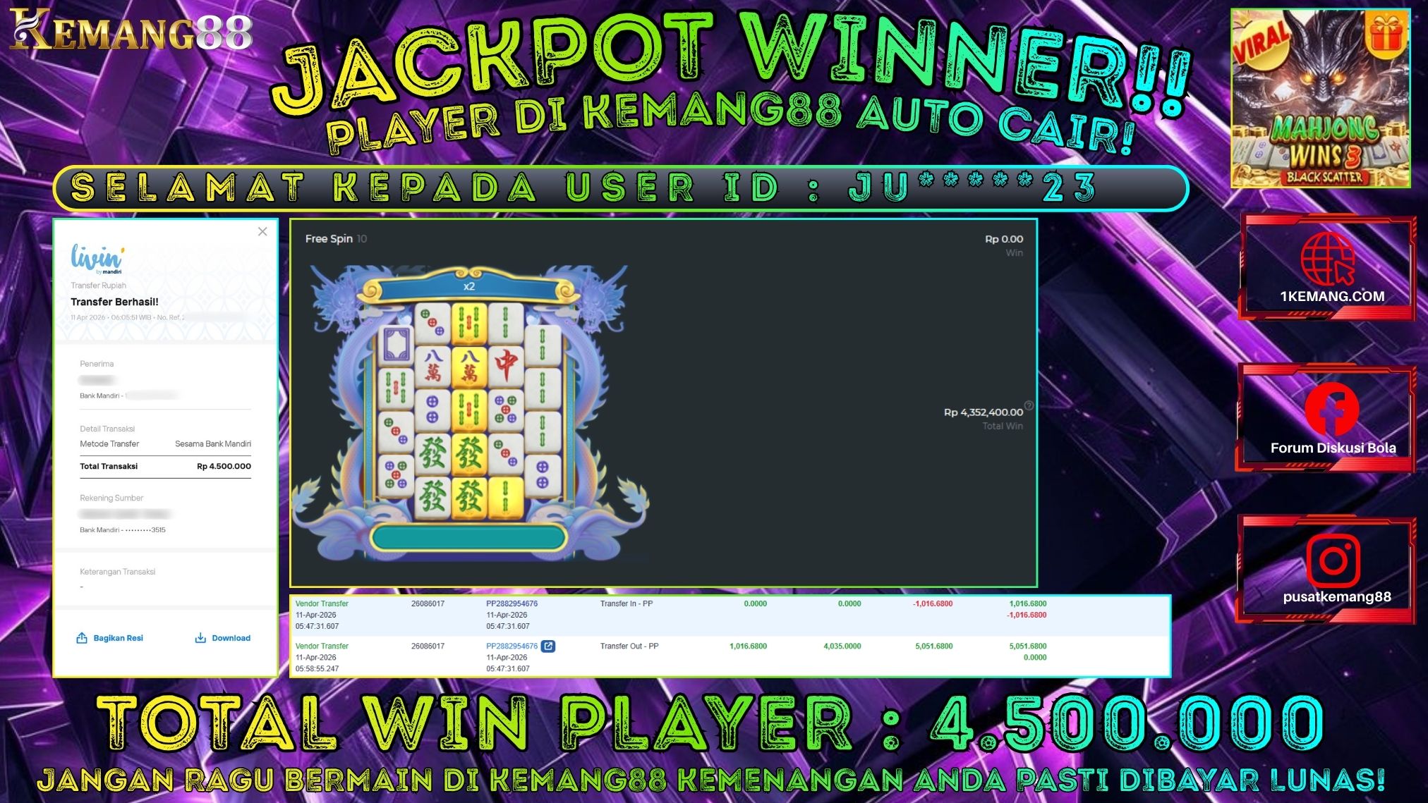 KEMANG88 [11 April 2026] : JACKPOT SLOT : MAHJONG WINS 3 BLACK SCATTER [PP] Rp. 4.500.000.,- LUNAS