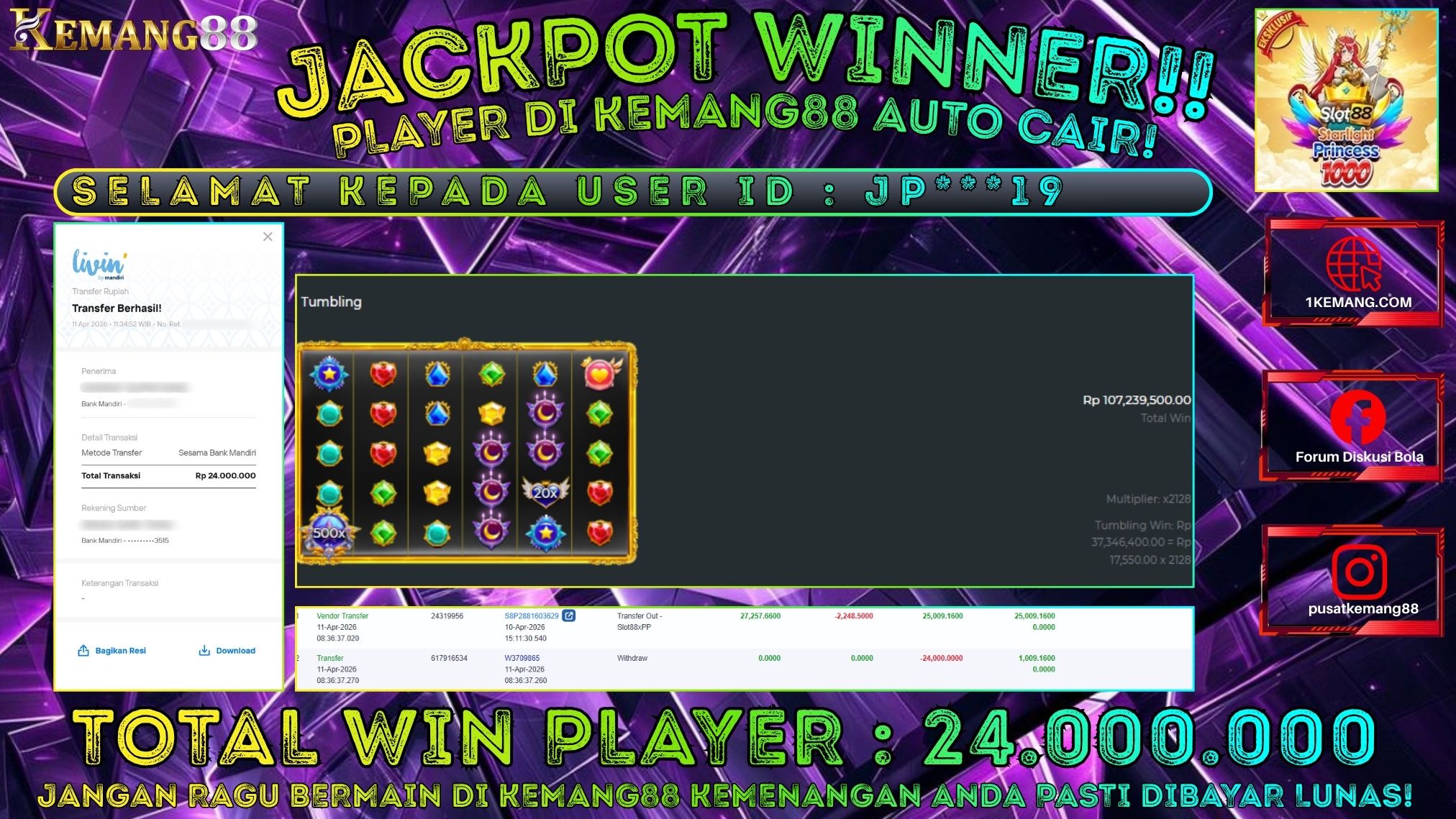 KEMANG88 [11 April 2026] : JACKPOT SLOT : STARLIGHT PRINCESS 1000 [SLOT88] Rp. 24.000.000.,- LUNAS [4]