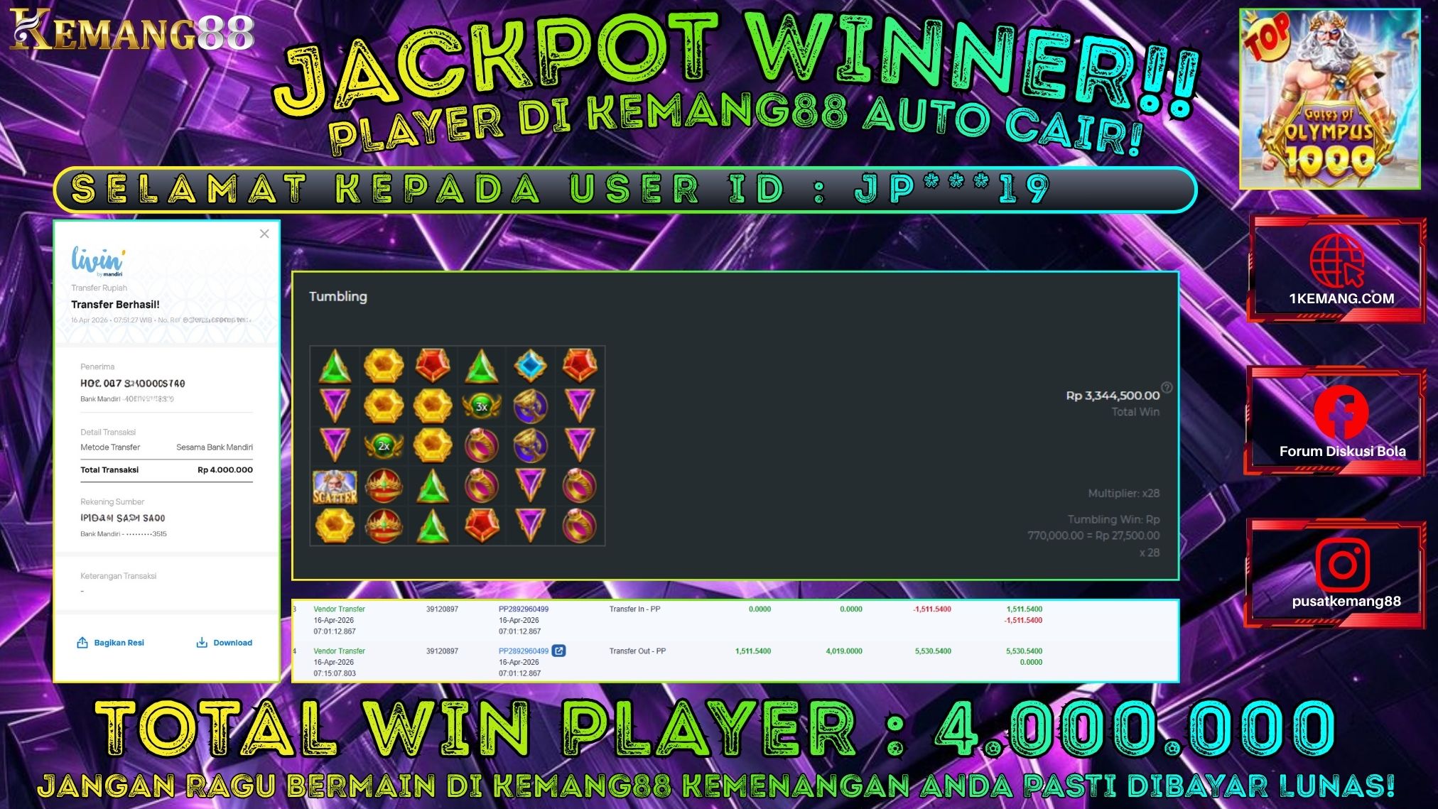 KEMANG88 [16 April 2026] : JACKPOT SLOT : GATES OF OLYMPUS 1000 [PP] Rp. 4.000.000.,- LUNAS