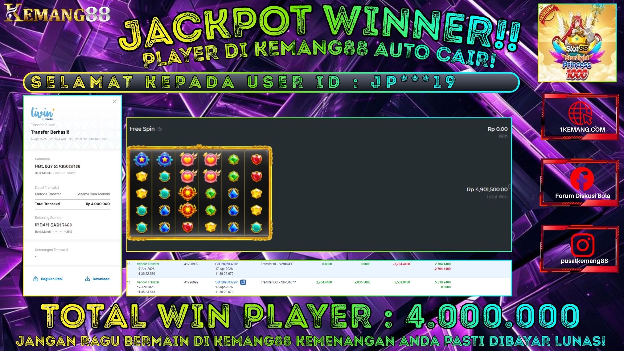 KEMANG88 [17 April 2026] : JACKPOT SLOT : STARLIGHT PRINCESS 1000 [SLOT88] Rp. 4.000.000.,- LUNAS